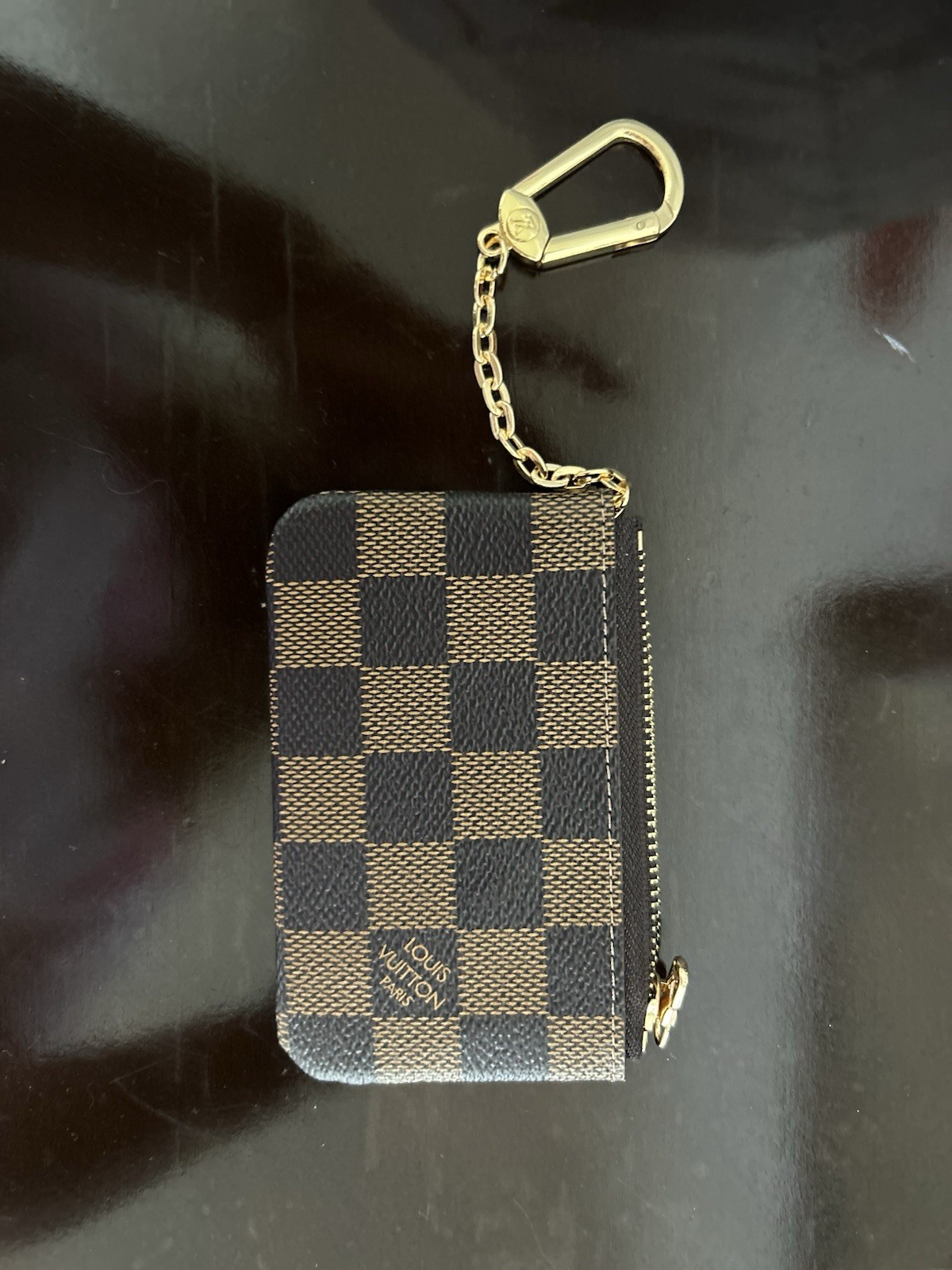 Louis Vuitton Damier Ebene Check Zip Key Pouch Chain & Clip Brown/Gold