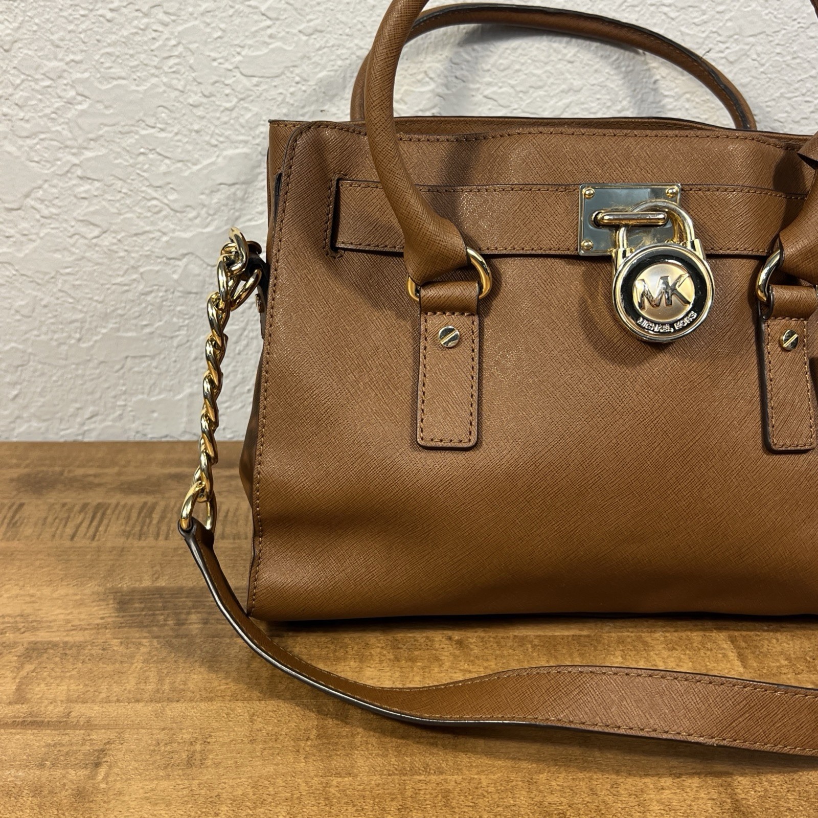 Michael Kors Brown Medium Satchel Top Handle Shoulder Strap Gold Hardware Lock