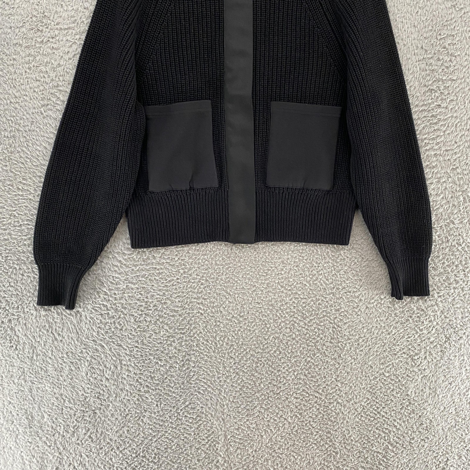 Varley Sweater Jacket Womens XS Delfern Black Rib Knit Funnel Neck Patch Pockets