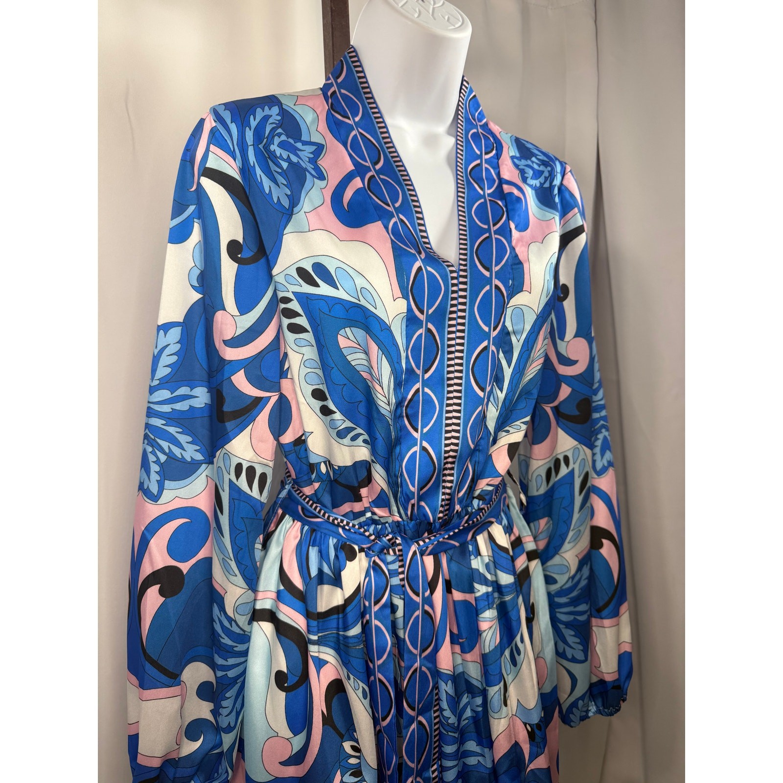 Blue & Pink Paisley Print Tie Waist Mini Dress | Medium