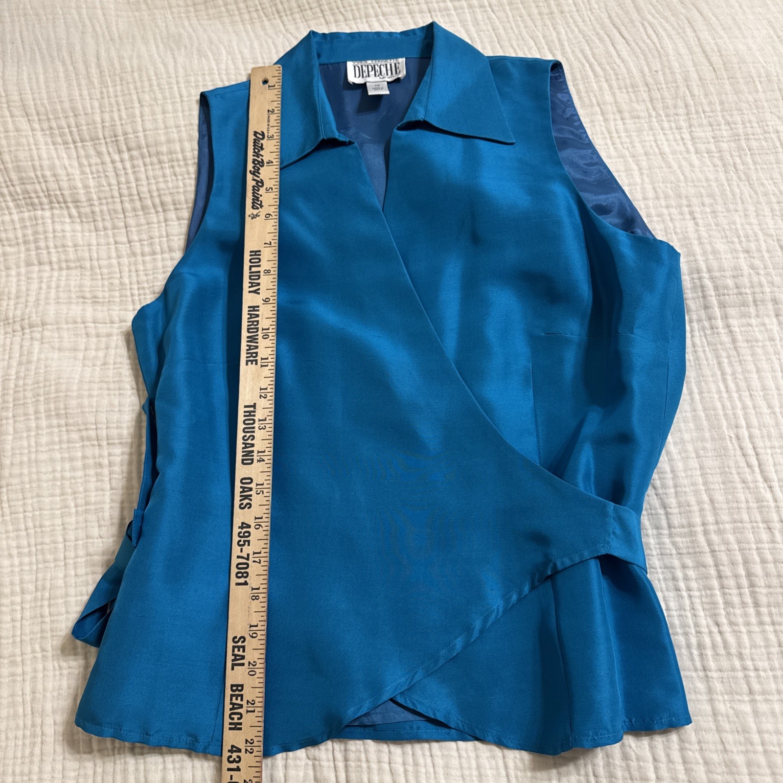 Yves Cossette Depeche Mode Womens Blouse Wrap Around Sleeveless Silk SZ 10 blue