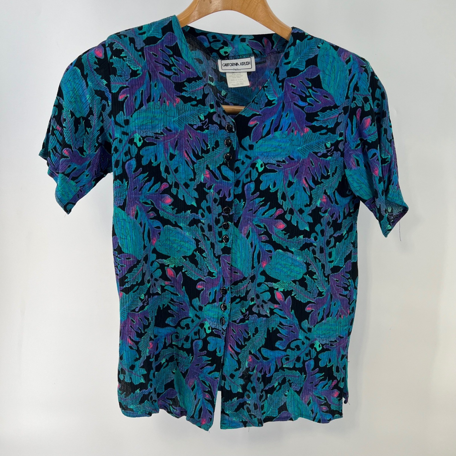 Vintage 90s California Krush Rayon Blouse Petite Tropical Floral Made USA Teal