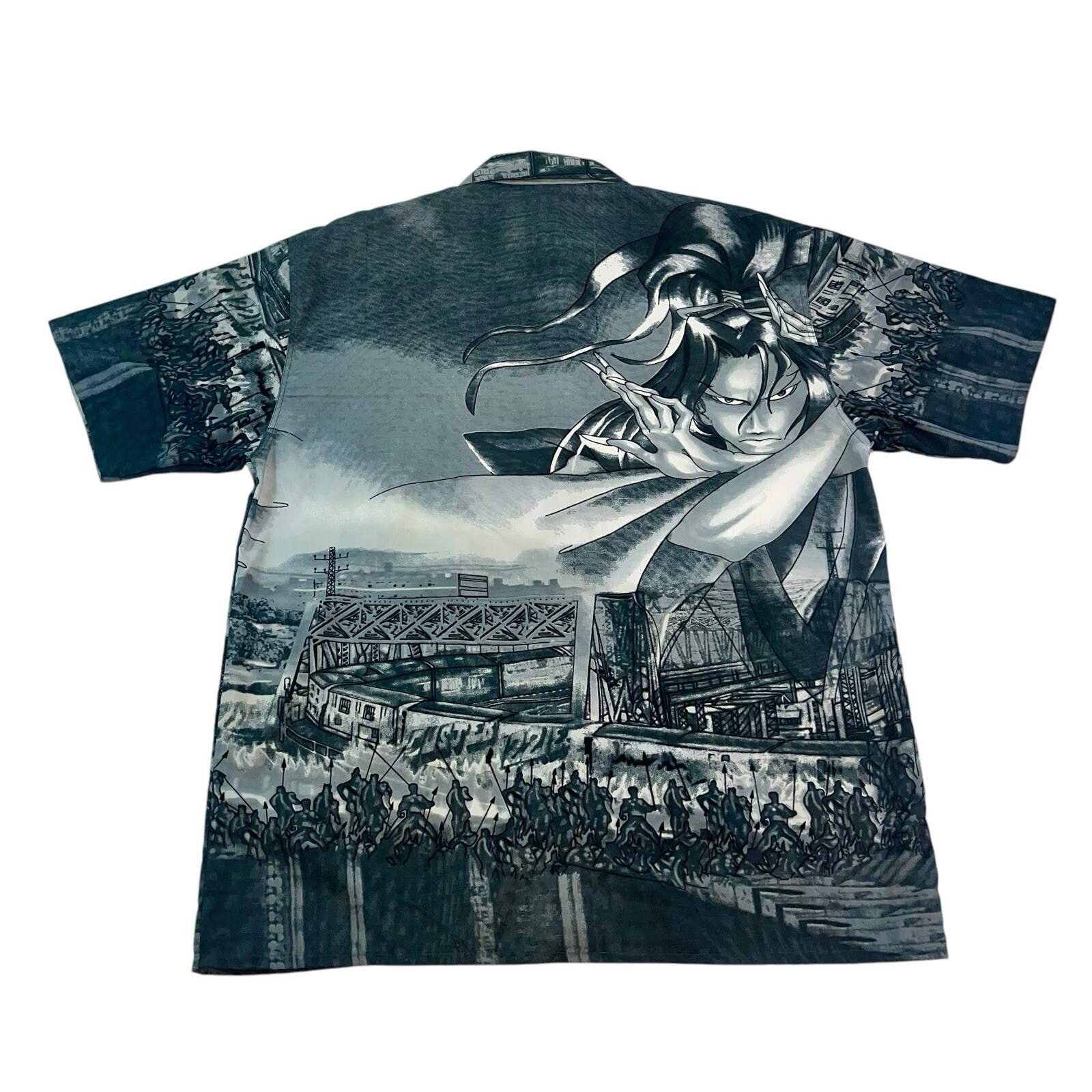 Vtg R-WORLD Japanese Samurai Anime All Over Print Graphic Button Up Shirt Sz LG