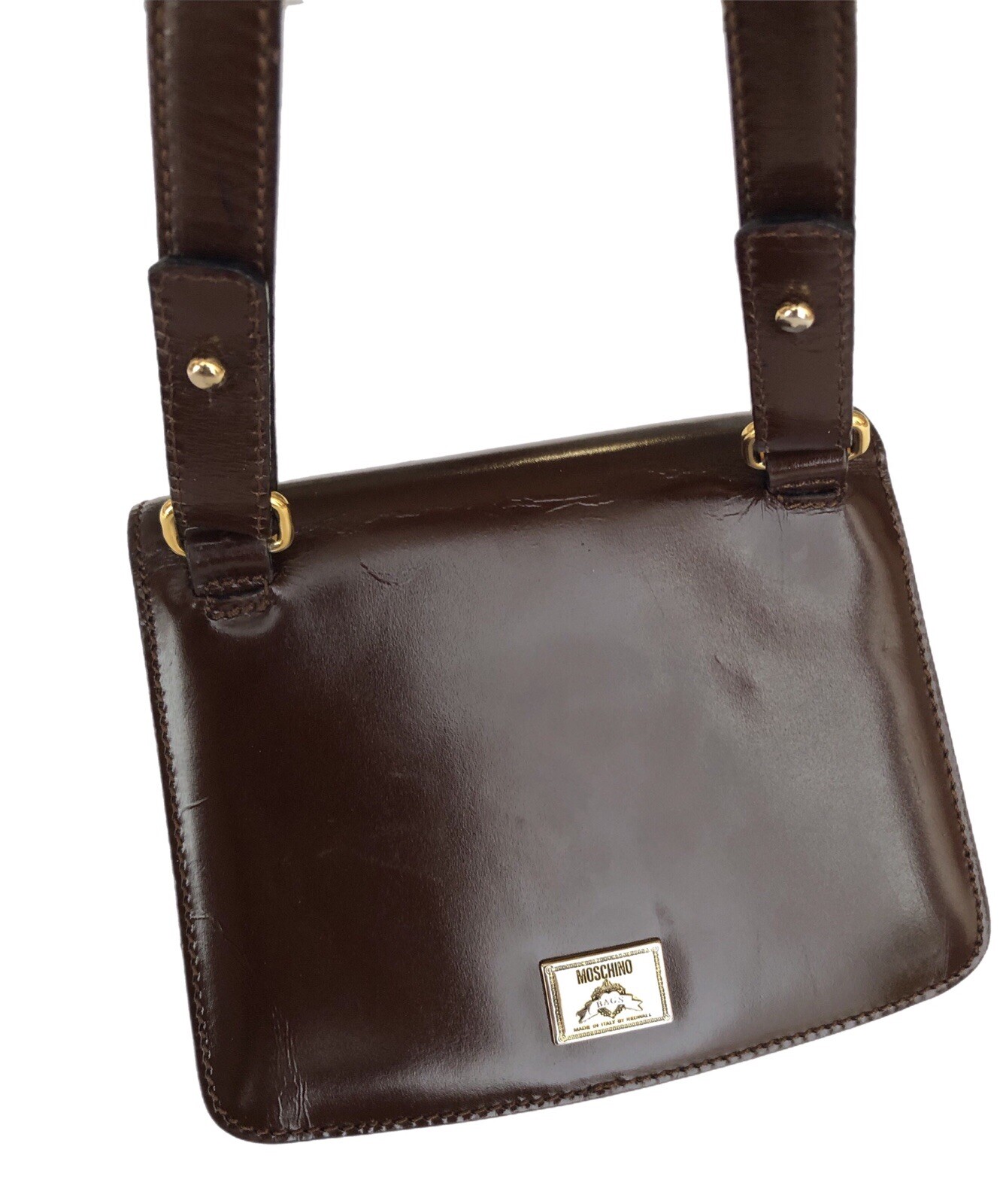 MOSCHINO Redwall Vintage Brown Leather Heart Shoulder Crossbody Belt Small Bag