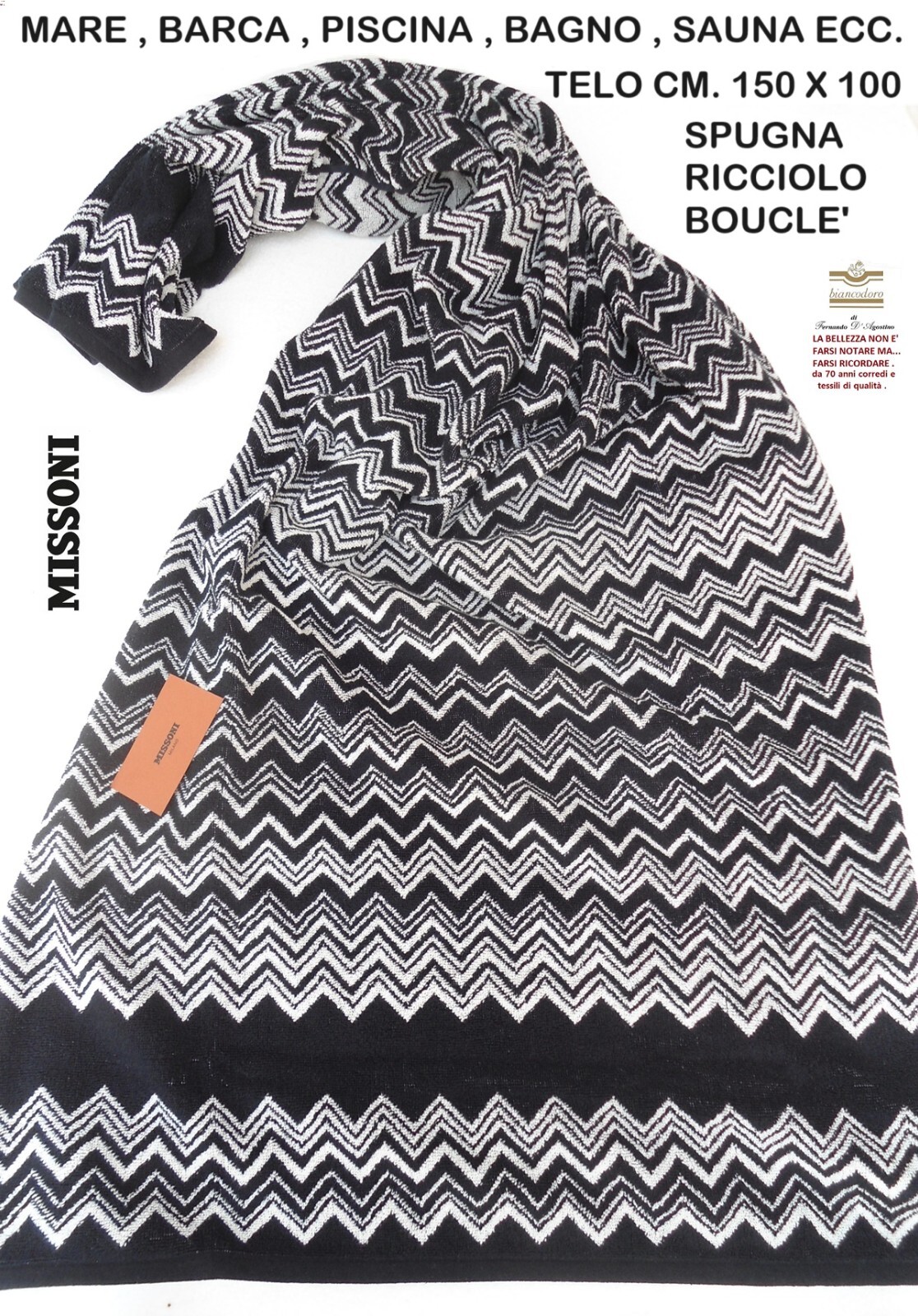 MISSONI unisex sponge cloth; sea pool sauna bath etc. cm. 150 x 100