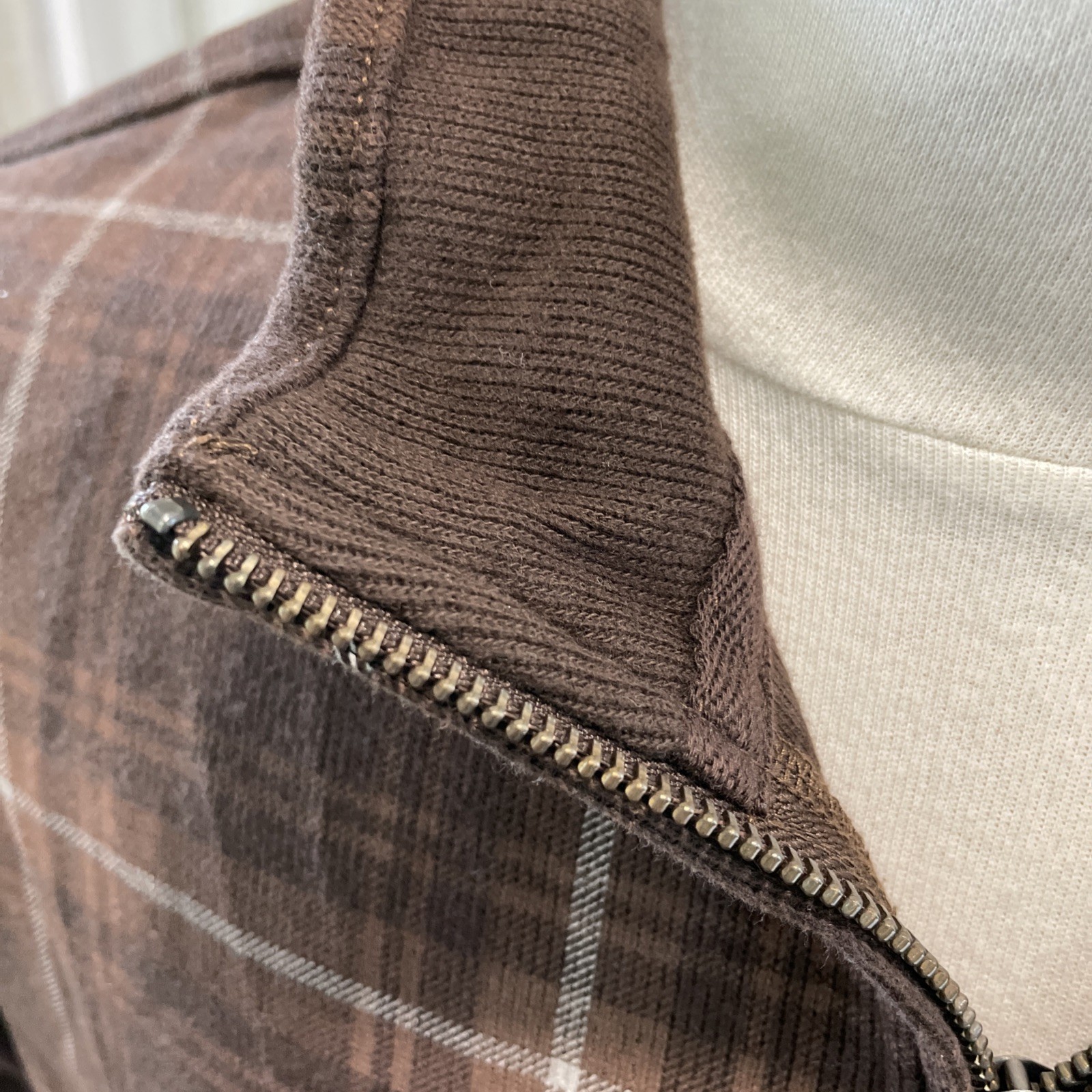 Lands’ End Brown Plaid 1/4 Zip Pullover Men’s Size Large 100% Cotton Mock Collar