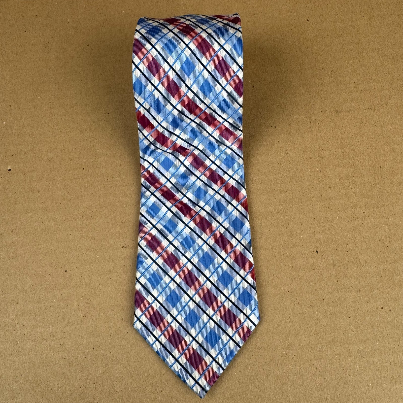 Nautica 100% Silk Tie Blue Red White Plaid Check Classic Mens Necktie
