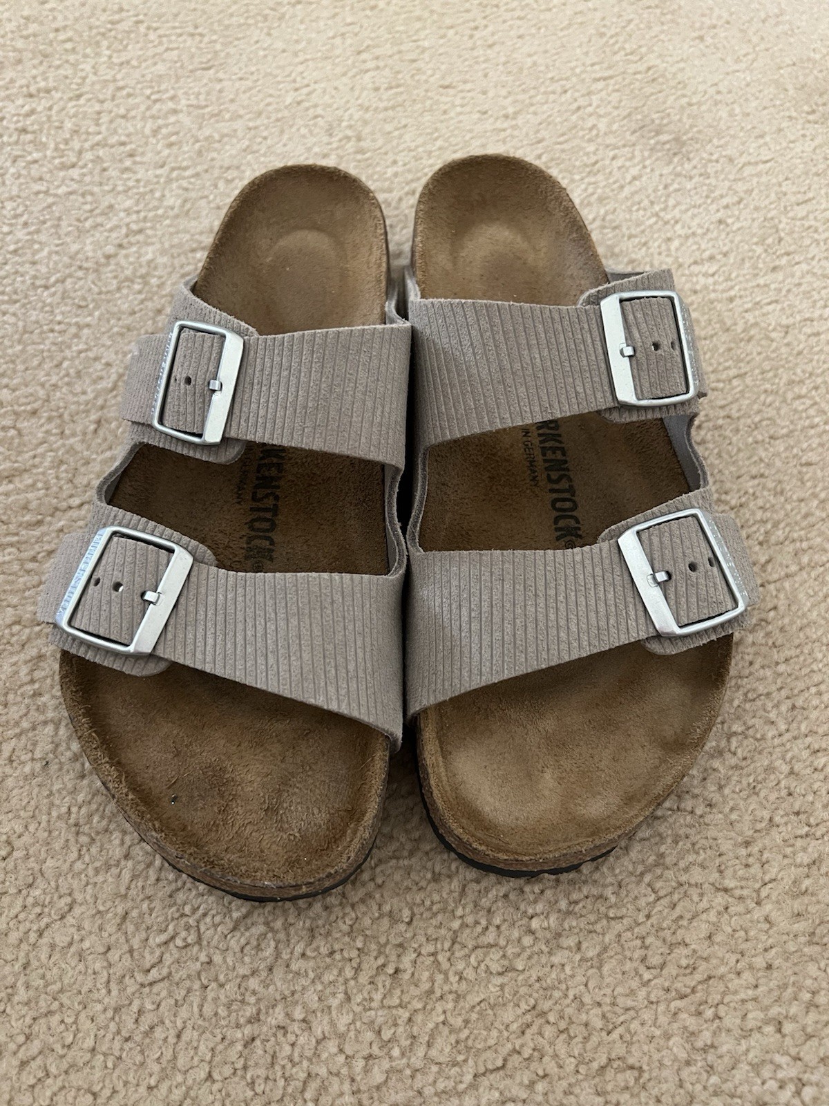 Birkenstock Arizona Birko-Flor Nubuck Women’s Sandals, Stone – US 10