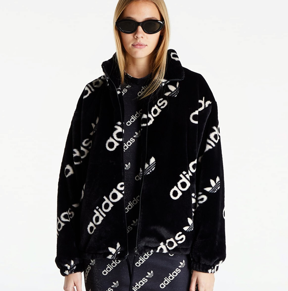 MED adidas Originals Women’s FAUX FUR LUXE BOMBER HM4885 BLACK LAST 1