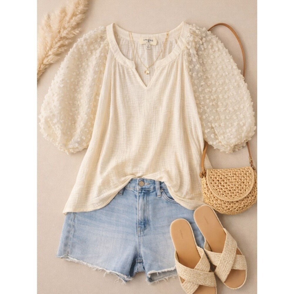 Umgee Cream Textured Puff-Sleeve Blouse Boho Chic Gauze Size Small