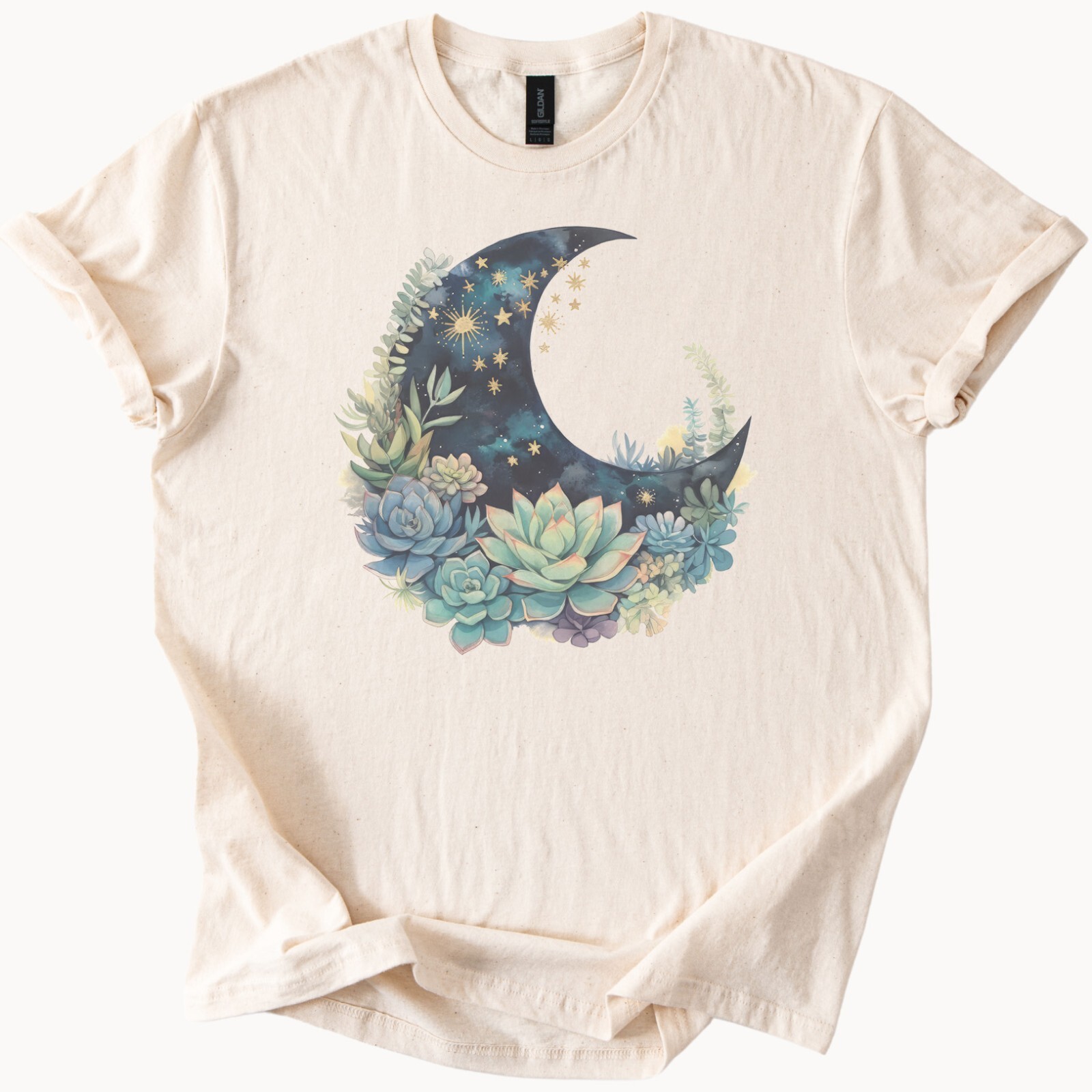 Moon and Succulent Graphic T Shirt Celestial Botanical Night Sky Tee Shirt