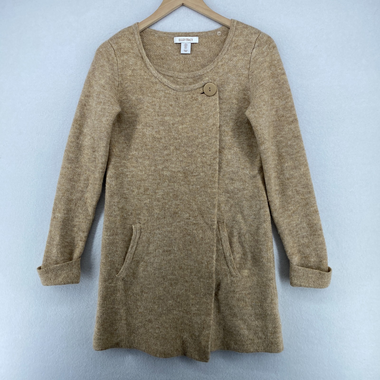 ELLEN TRACY Sweater S Wool Blend One Button Duster Coatigan Coatigan Camel Brown