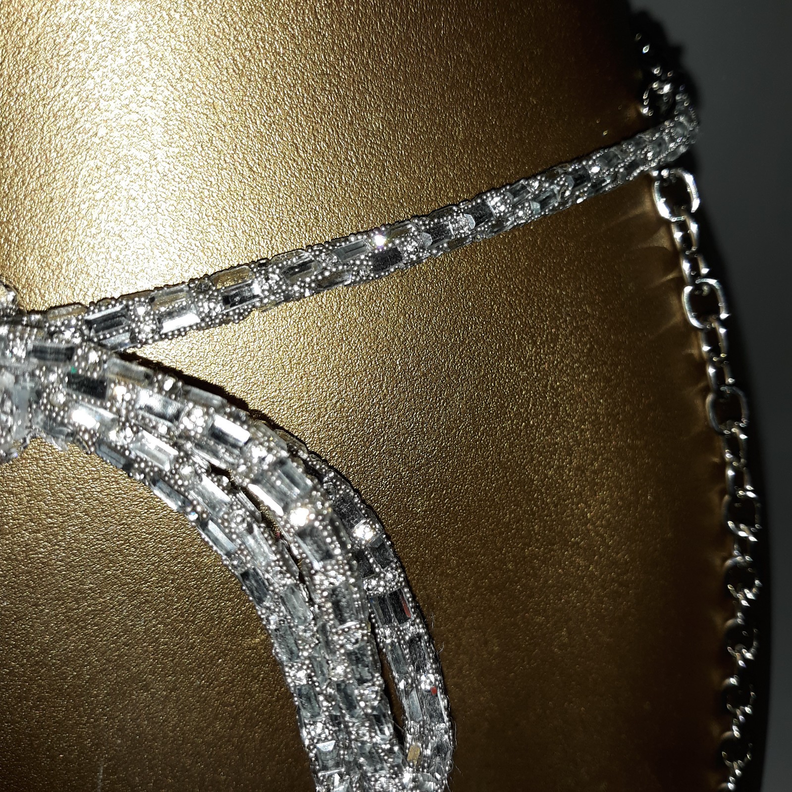 Vtg H By Halston Crystal Belt Sz L W/Bow Adj Clip Chain Clear Stones Slvr Fabric
