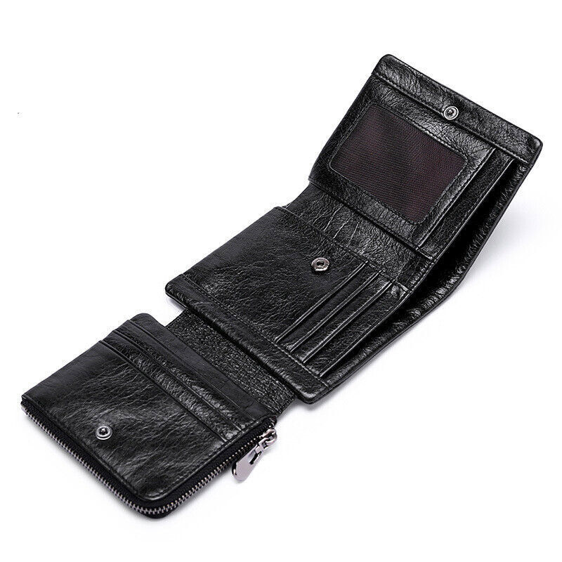 Cowhide Leather Mens Trifold Wallet RFID Blocking Card Holder Zipper Coin Purse