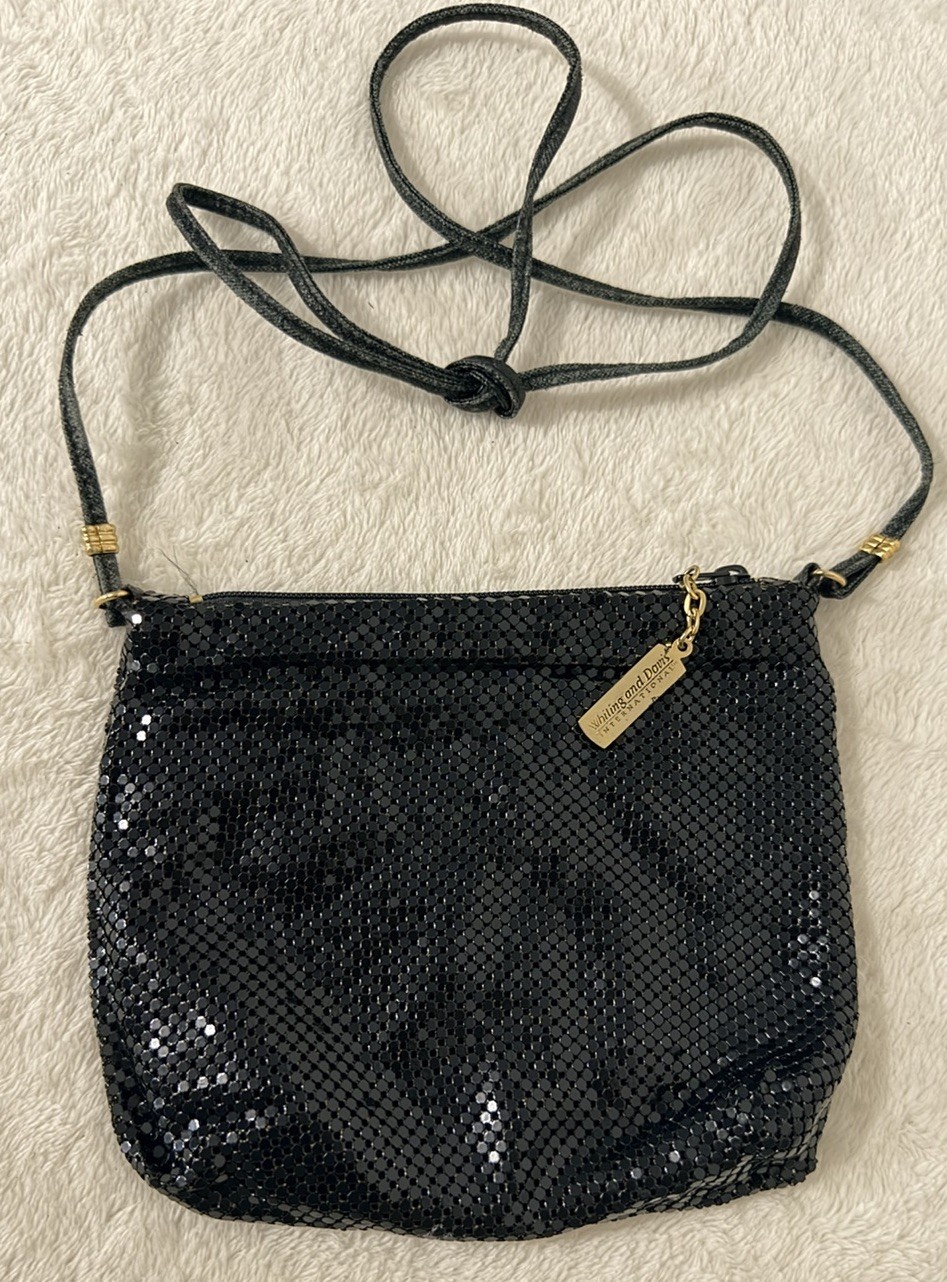 Vintage Whiting and Davis Black Metal Mesh Purse Leather Strap Gold Hardware