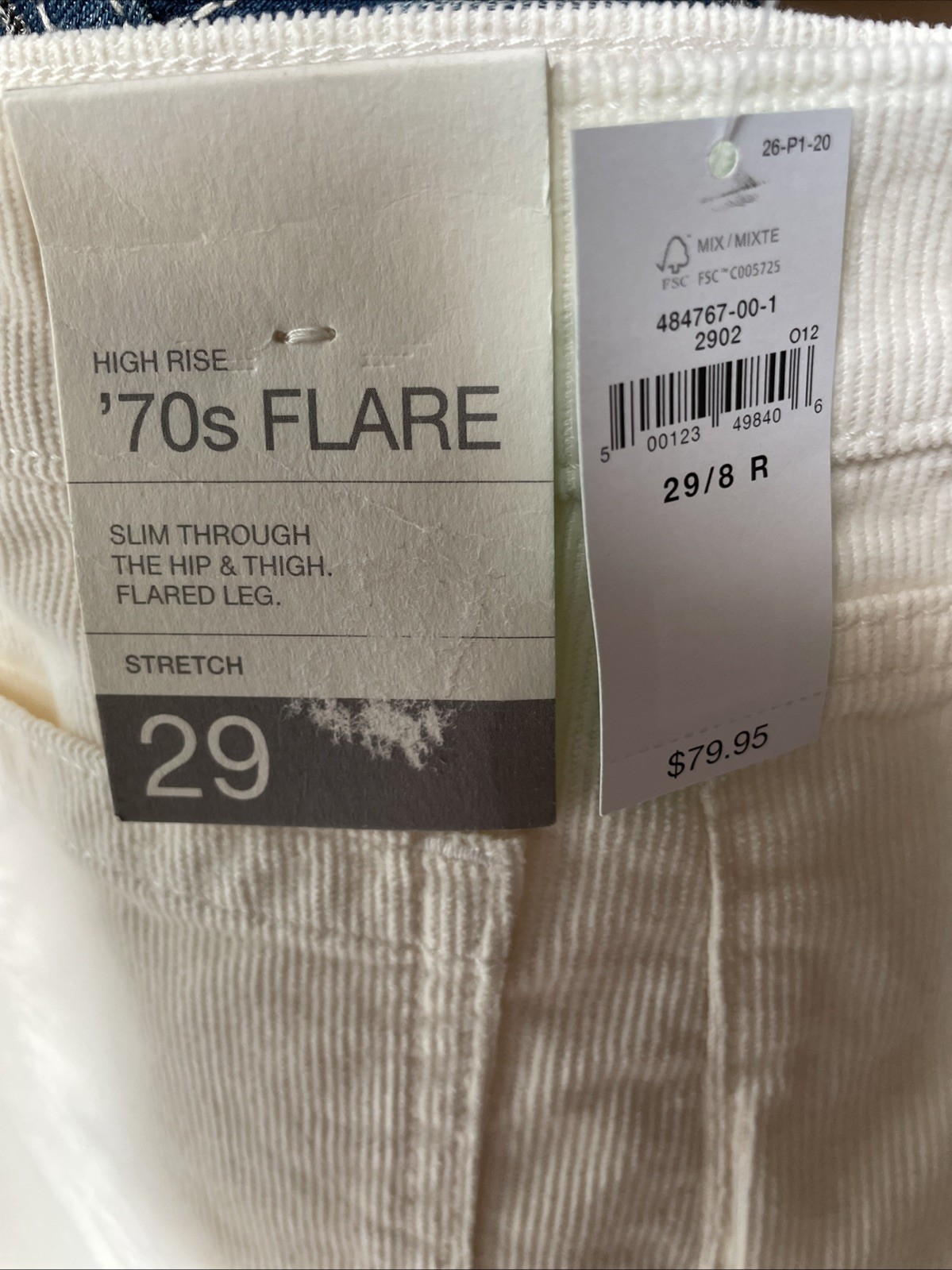 Gap Women Pants 70s Flare High Rise Ivory Corduroy Stretc Sz 29/8R NWT MSRP $80