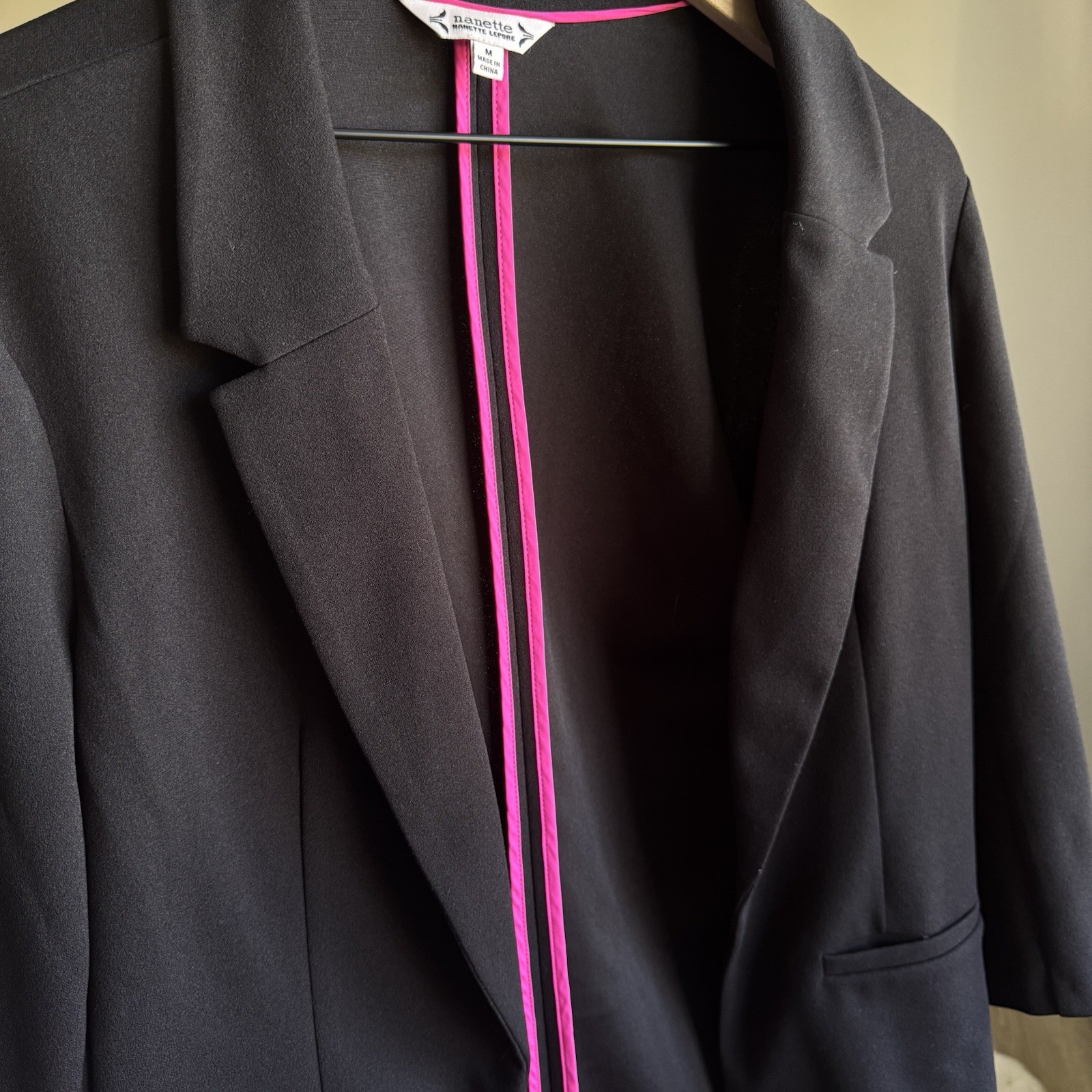 Nanette Lepore Black Open Front Long Blazer Jacket Pink Trim Pockets M