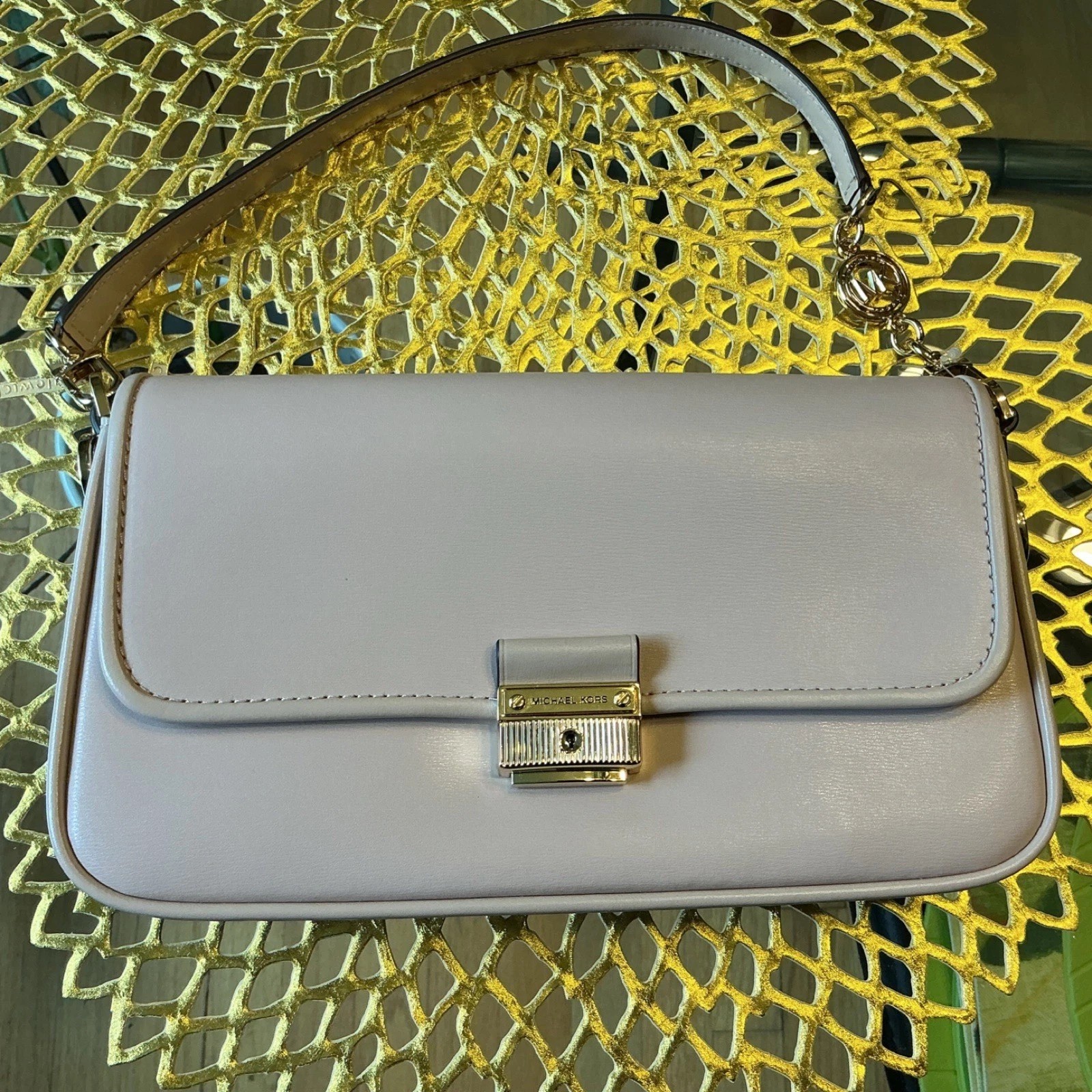 Michael Kors Beige/Pink Small Shoulder Bag Gold Hardware Clasp Chain