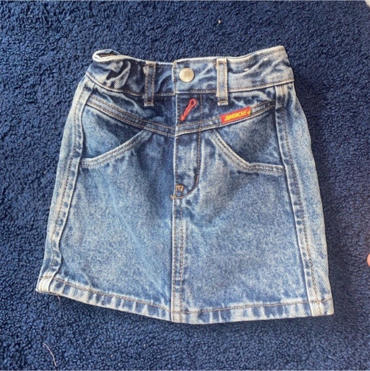 Vintage Jordache Girls Blue Denim A-Line Short Skirt Button Closure Belt Loops