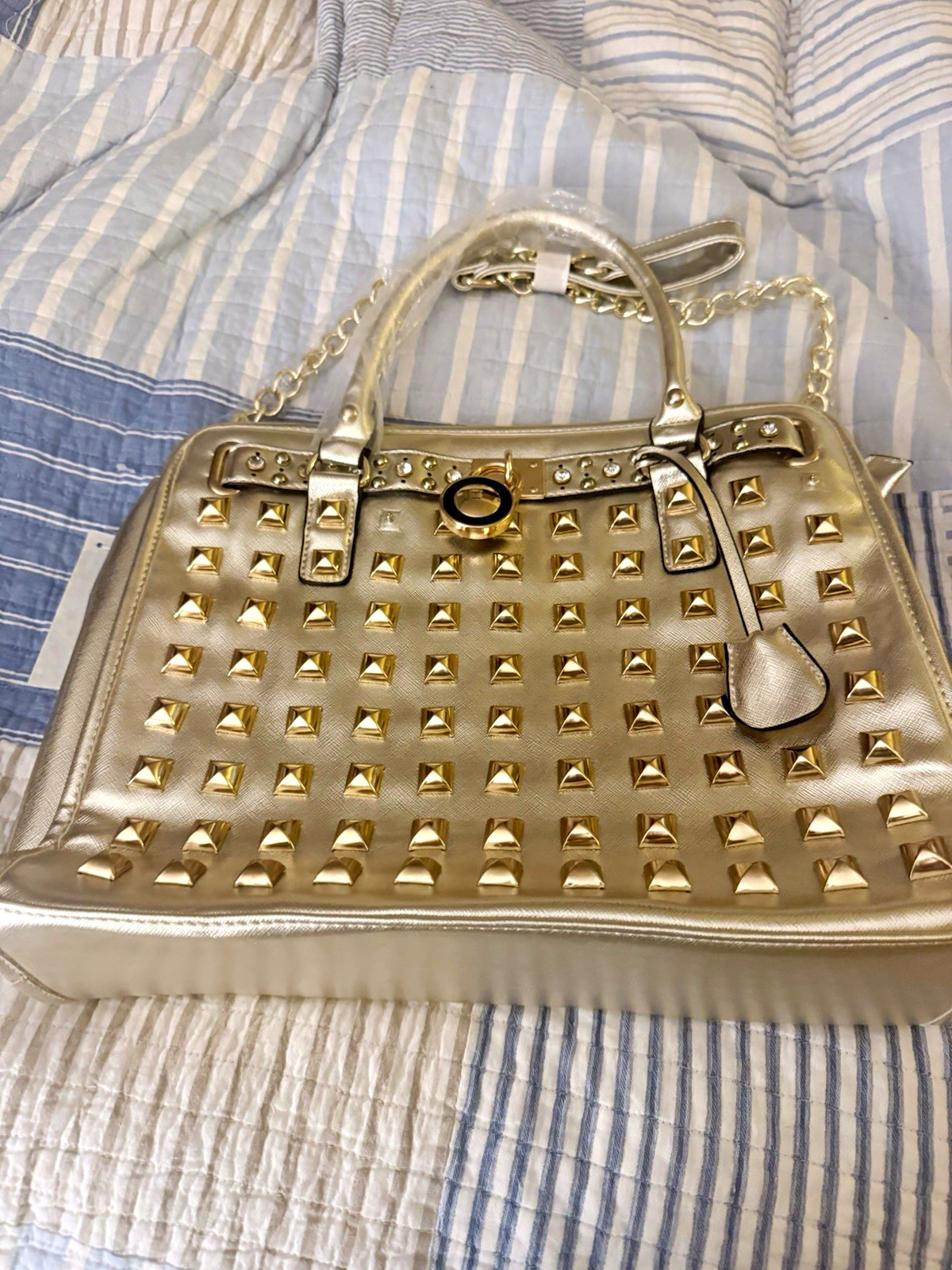 Metallic Gold Studded Satchel Top Handle Bag Zip Detachable Chain Strap Pockets
