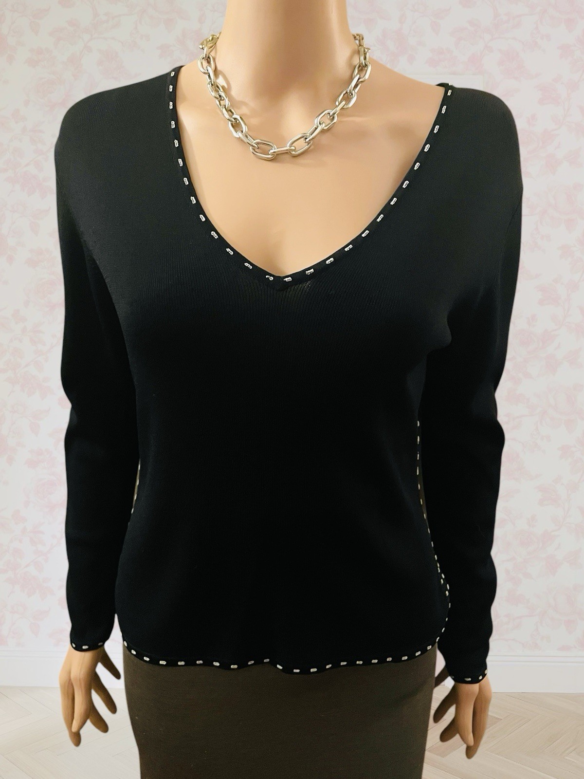 Vintage 90s Black Knit Blouse Embroidery Long Sleeve Tessori Italy Minimalist M