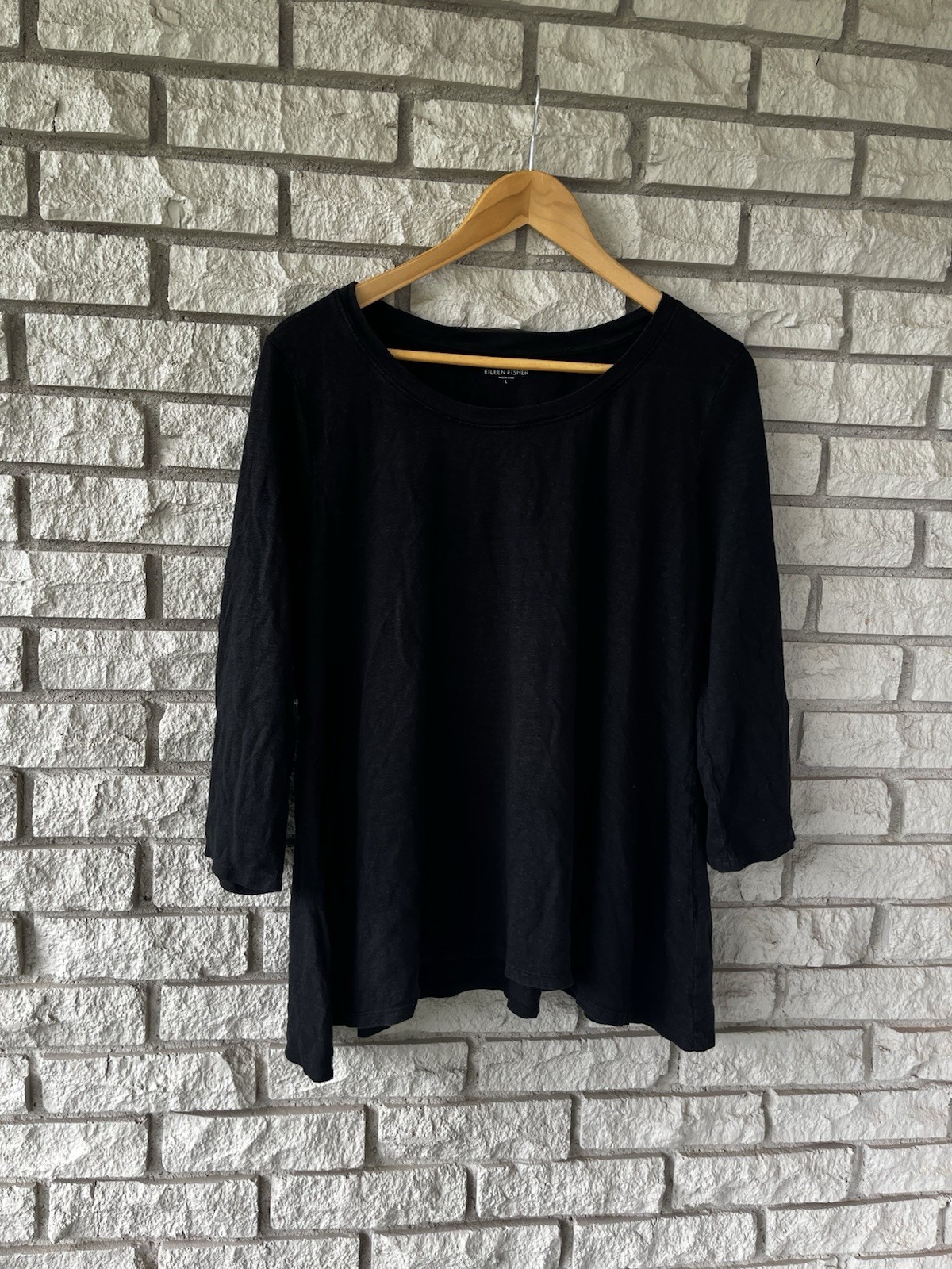 Eileen Fisher 100% Organic Linen Boatneck 3/4 Sleeved Black Blouse Size Large