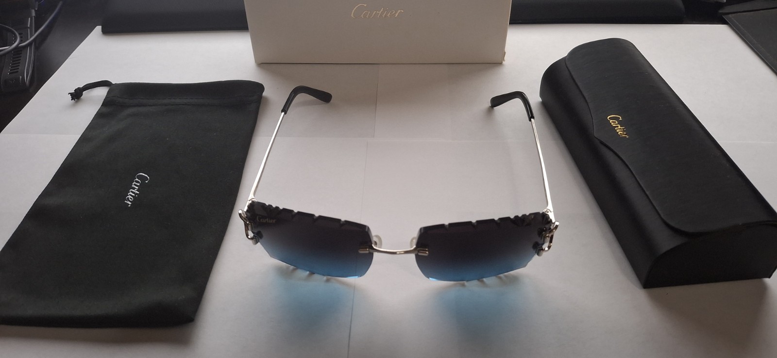 Cartier Rimless Big C Sunglasses Gradient Black & Blue Lenses Silver Frame