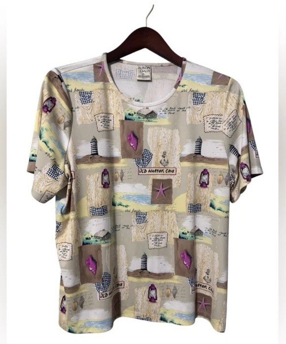 Alison Daley Coastal Print Short Sleeve Top Size XL Lighthouse Beach Nautical