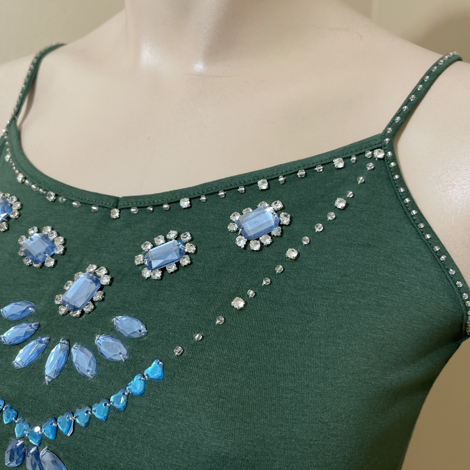 Women’s Green Polyurethane Casual Summer Stretch Slim Beaded Size S Blouse Top
