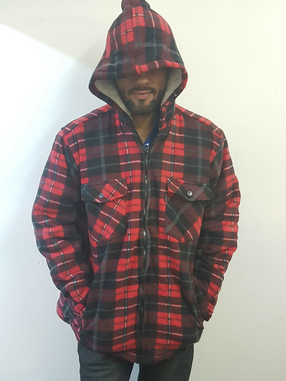 FUR FLEECE LINED WARM LUMBERJACK CHECK SHIRT JACKET WITH/WITHOUT HOOD GILLICCI
