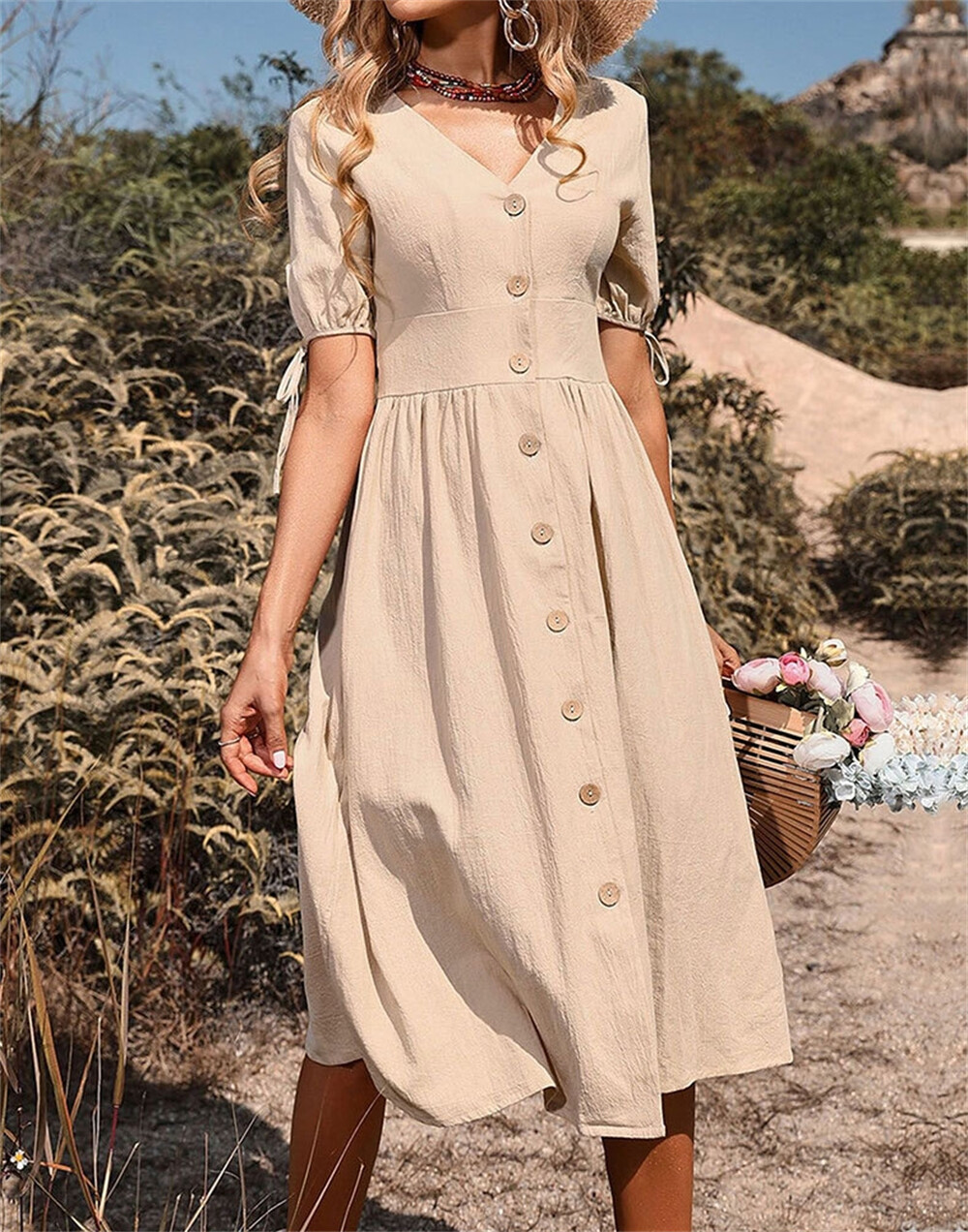 Women Summer Midi Dress Casual V Neck Short Sleeve Flowy Solid Color Dress