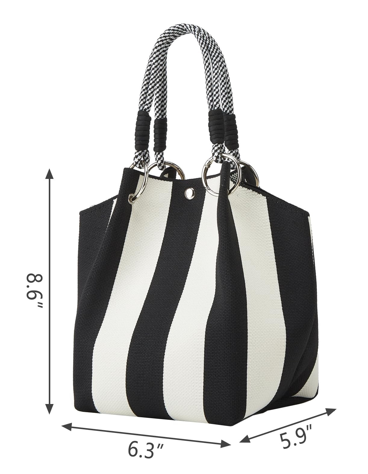 Mini Knit Tote Women Striped Crochet 15x16x22cm (6.3×5.9×8.6in), Black&white