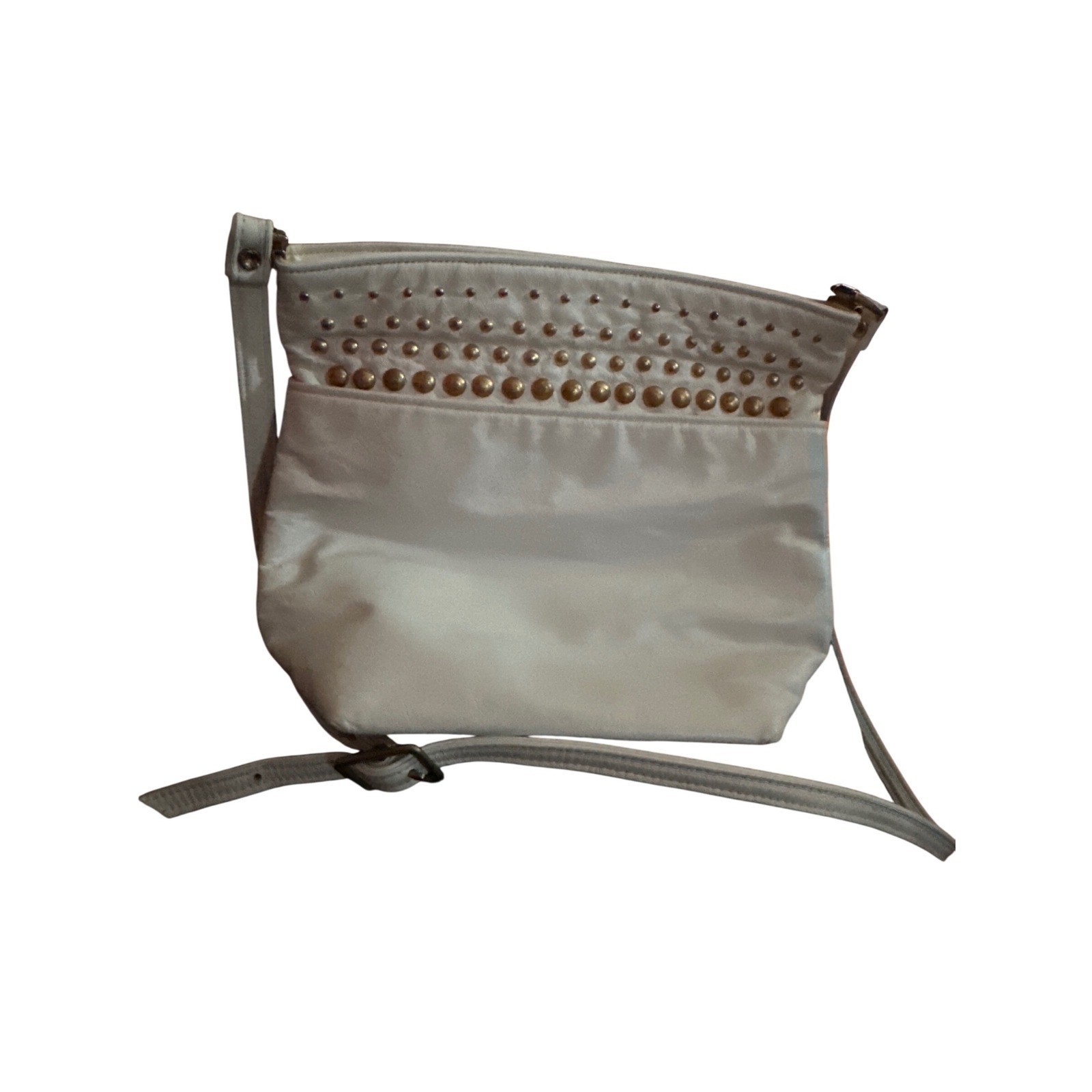 Valeries Genuine Leather White Studded Crossbody Bag Made in USA Gold Hardware