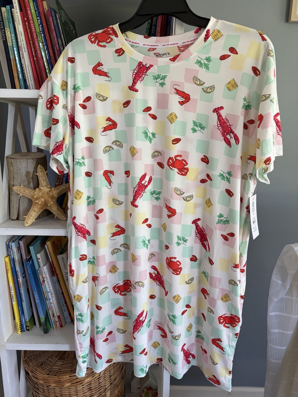NWT Joyspun Lobster Sleep shirt Nightgown Clam Bake Crab Coastal Pockets L-XL