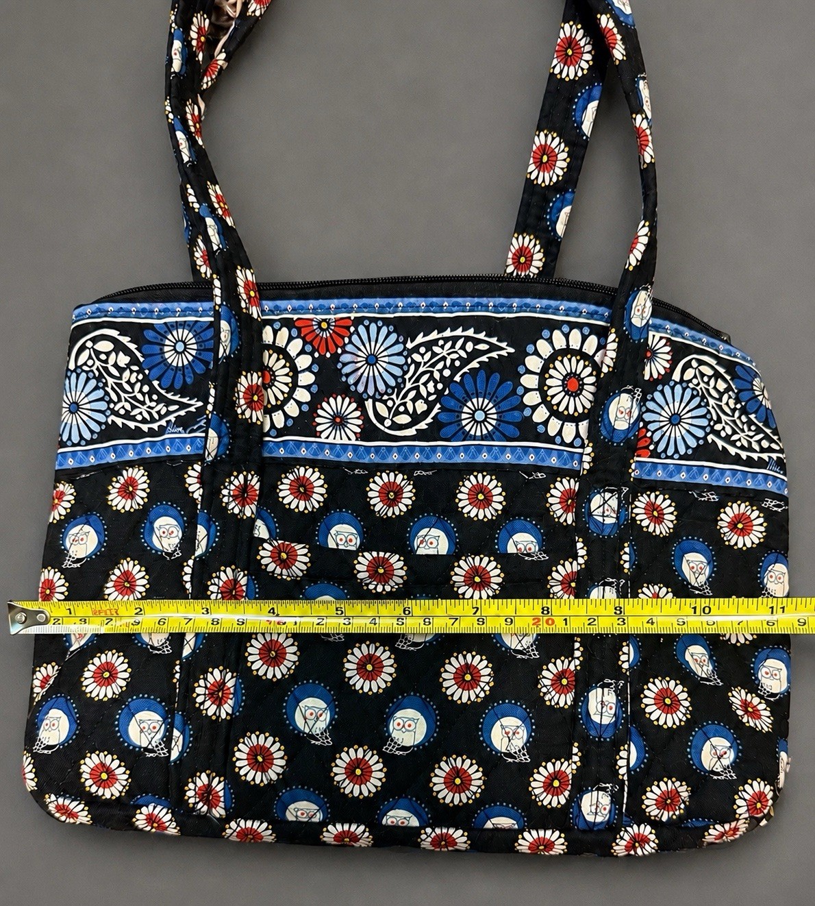 Quilted Floral Owl Print Zip Tote Bag Medium Lined Inner Pockets Black Blue