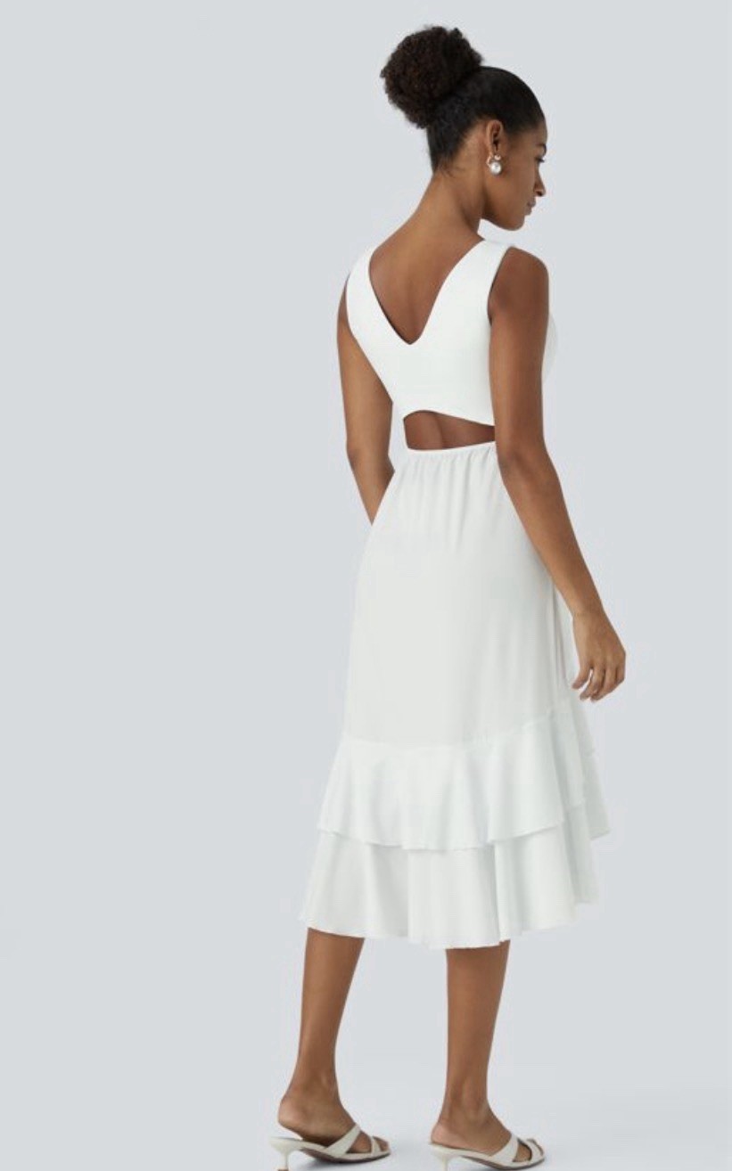 Halara Breezeful V Neck Backless Cut Out Side Pocket Ruffle Midi Dress NEW M