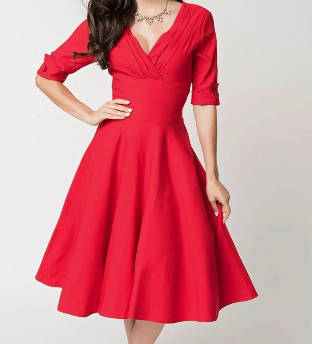 Popular Unique Vintage Delores Red Swing Dress XS