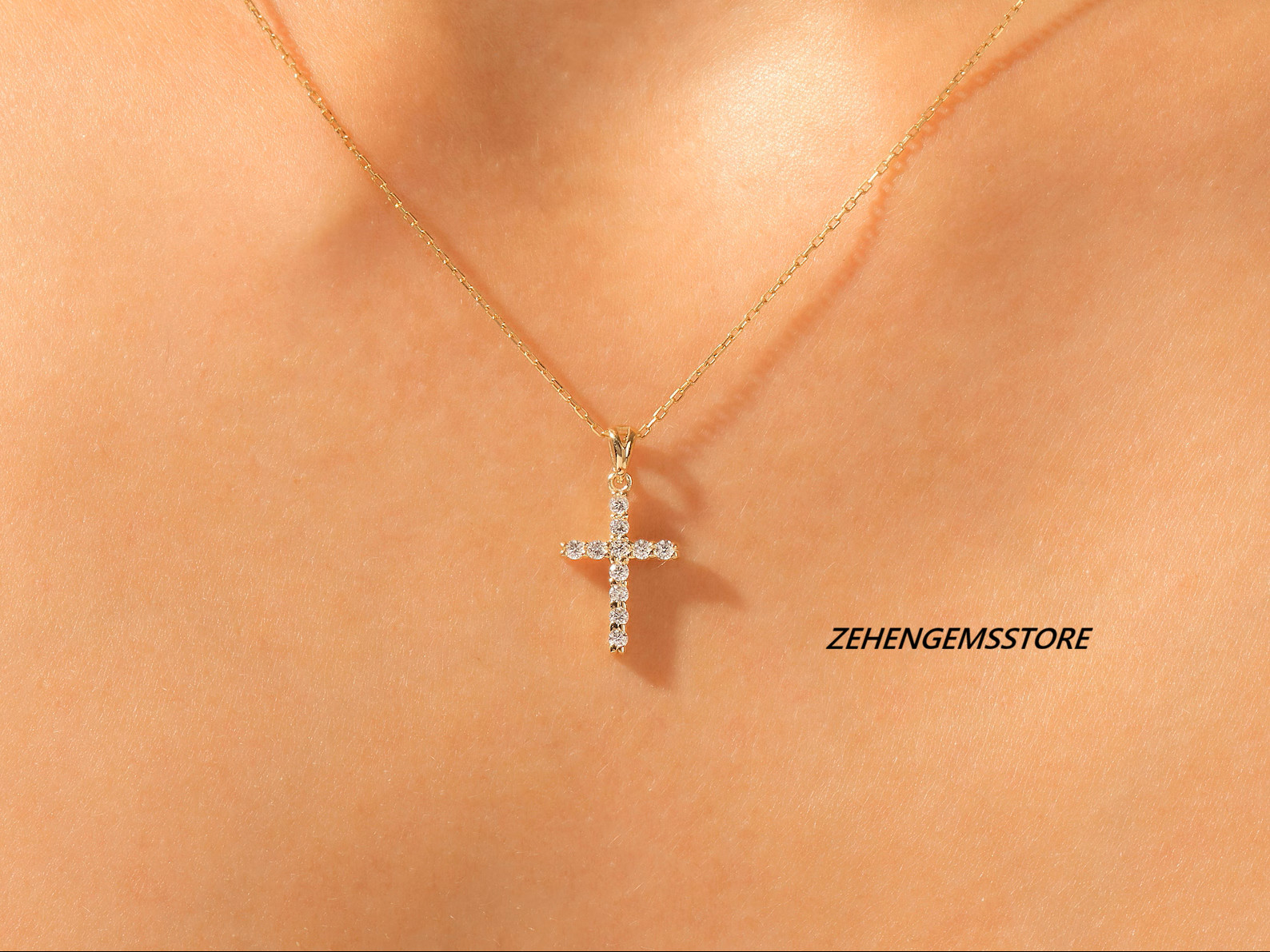 Lab created Sterling Silver Gold Plated Cross Pendant Necklace Cubic Zirconia CZ