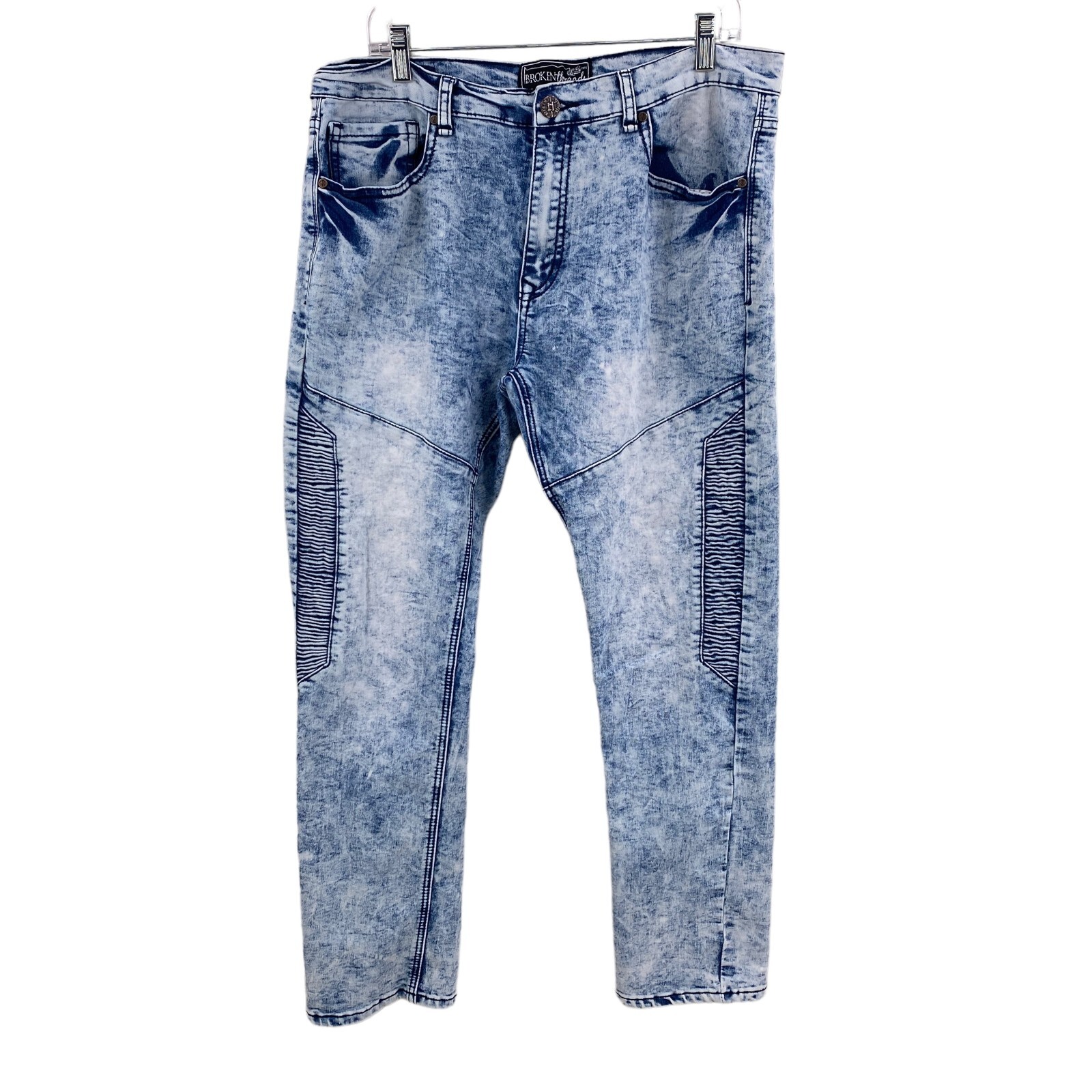 Broken Threads Mens Blue Denim Jeans Stone Washed Size 36 x 30 Slim Fit Stretch