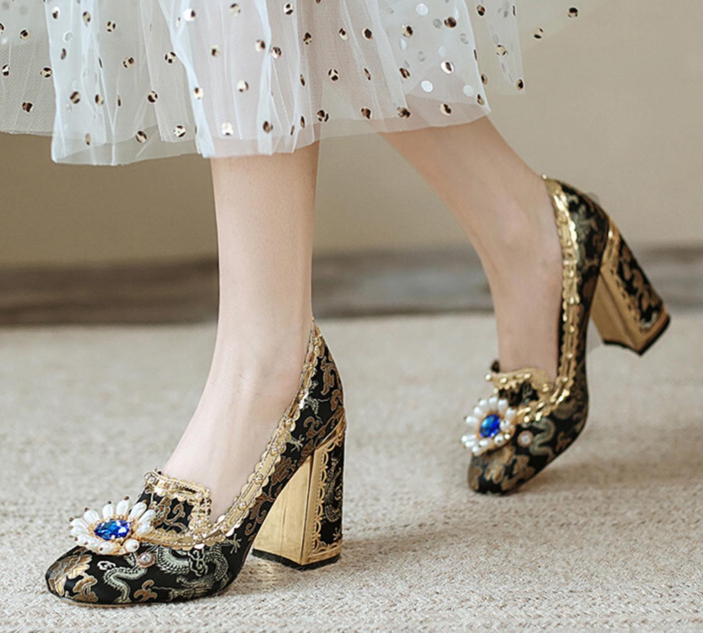 Women’s Beads Rhinestones Wedding Flower High Heel Pumps Satin Shoes Pumps Lady