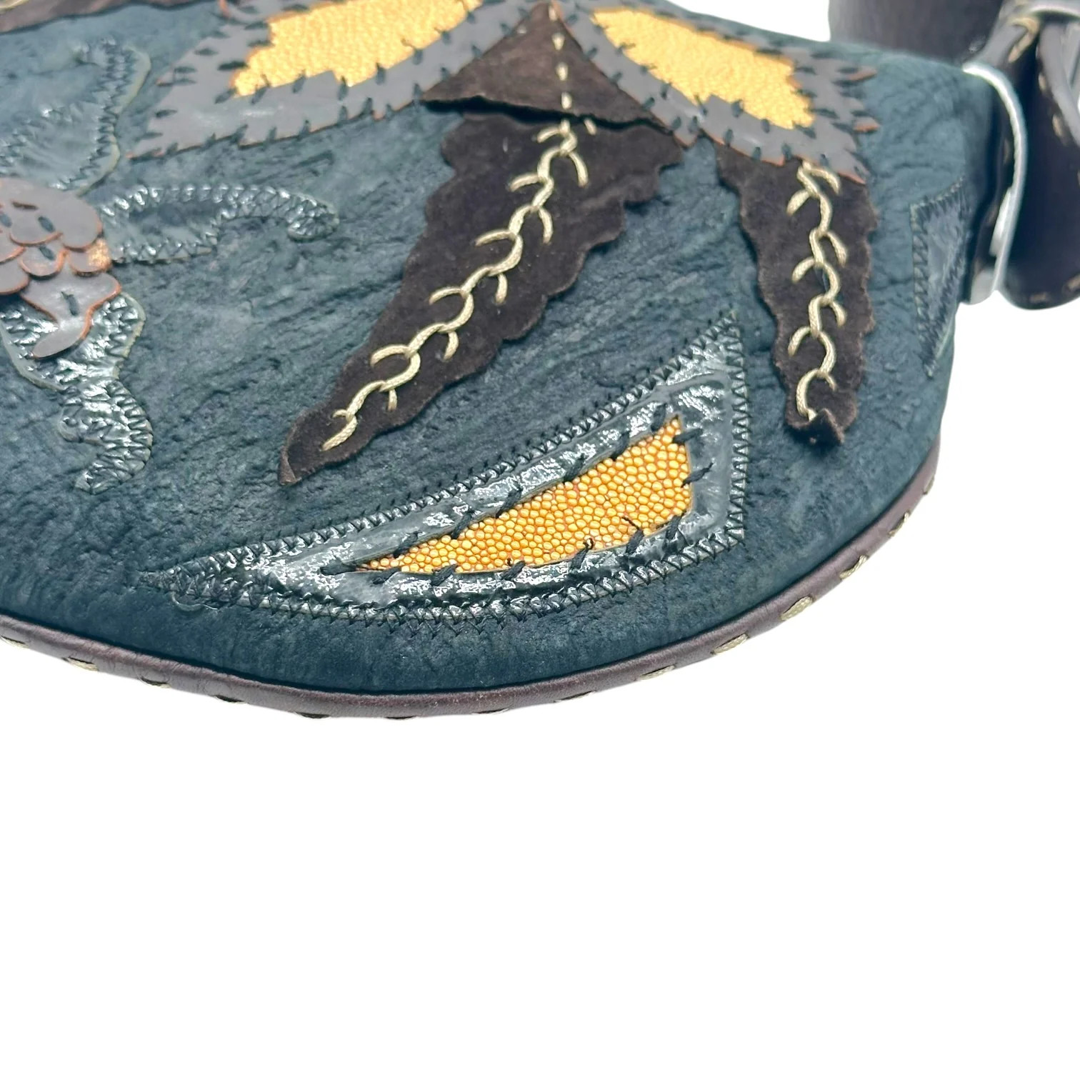 Fendi Selleria Black & Brown Patchwork Stingray Leather Whipstitch Trim Oyster