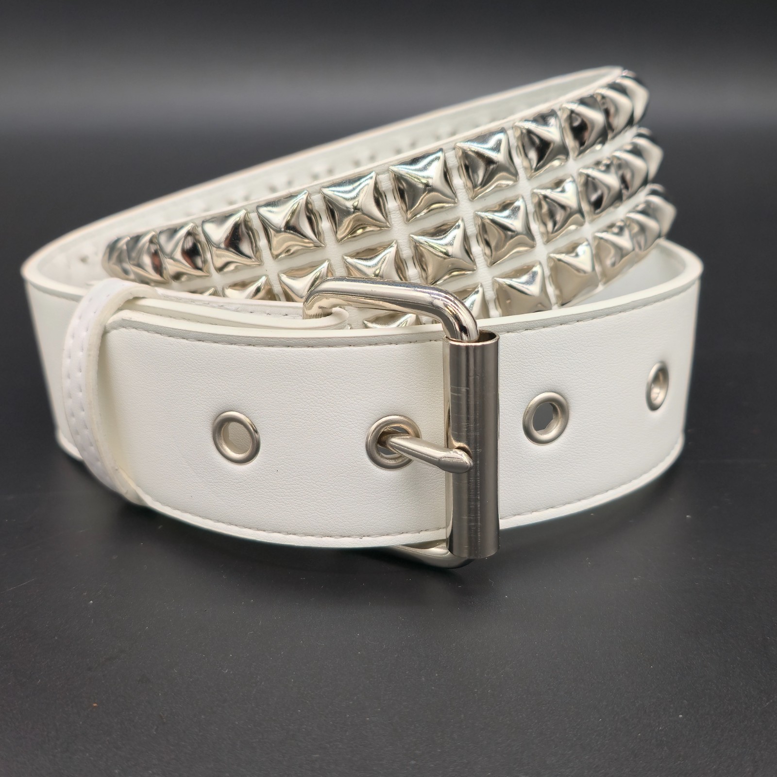 White Vegan Leather Three Row Pyramid Stud Belt Punk Goth Metal Funk Plus