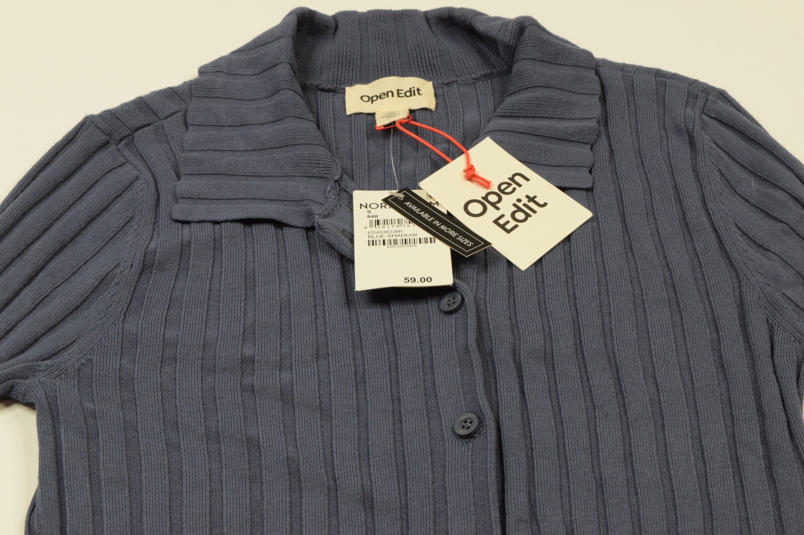 Open Edit Blue Shadow Ribbed Button-Up Long Sleeve Tunic Sweater Womens S