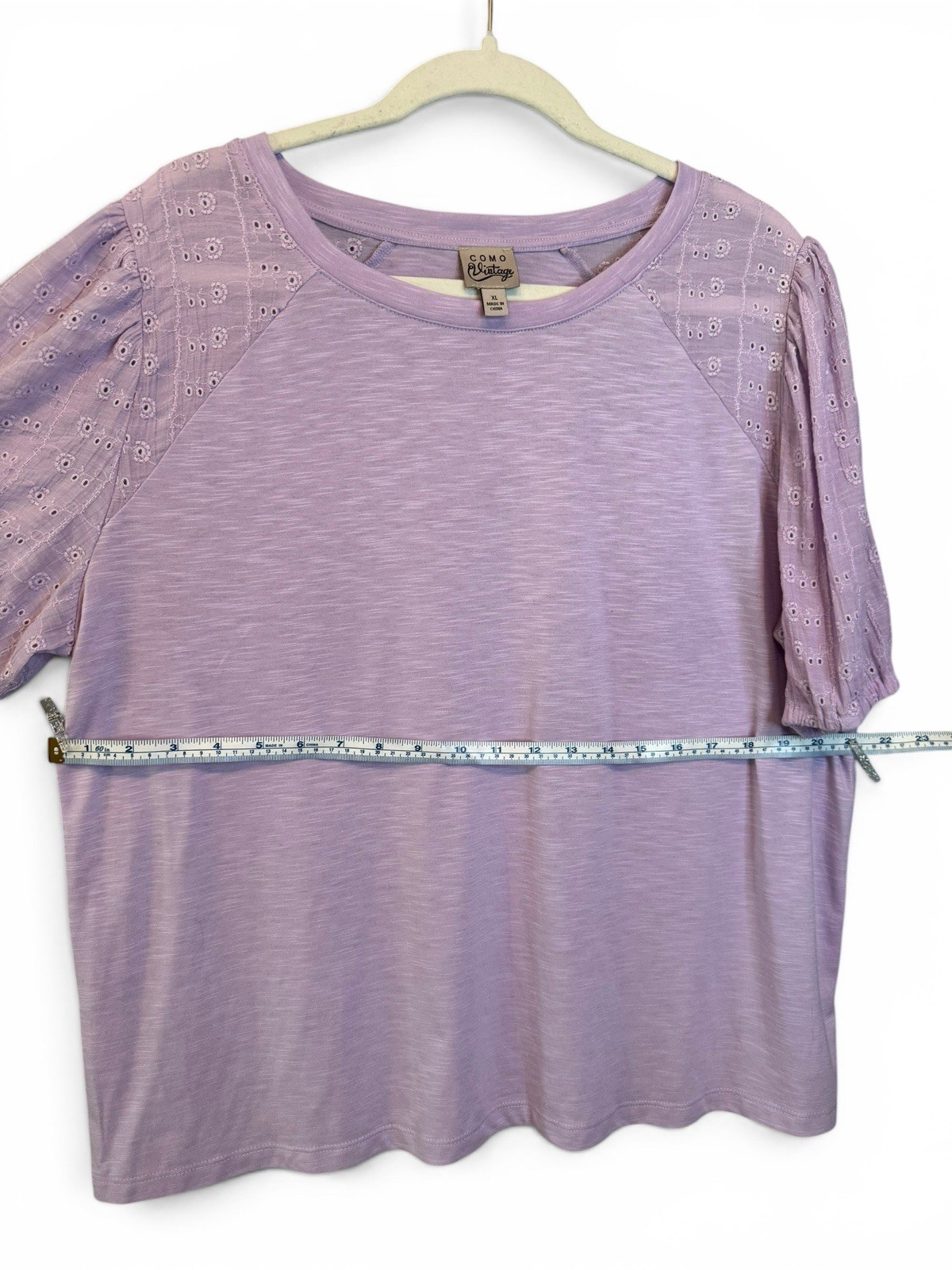 Como Vintage Lilac Eyelet Puff Sleeve T-Shirt Women’s XL Embroidered Top