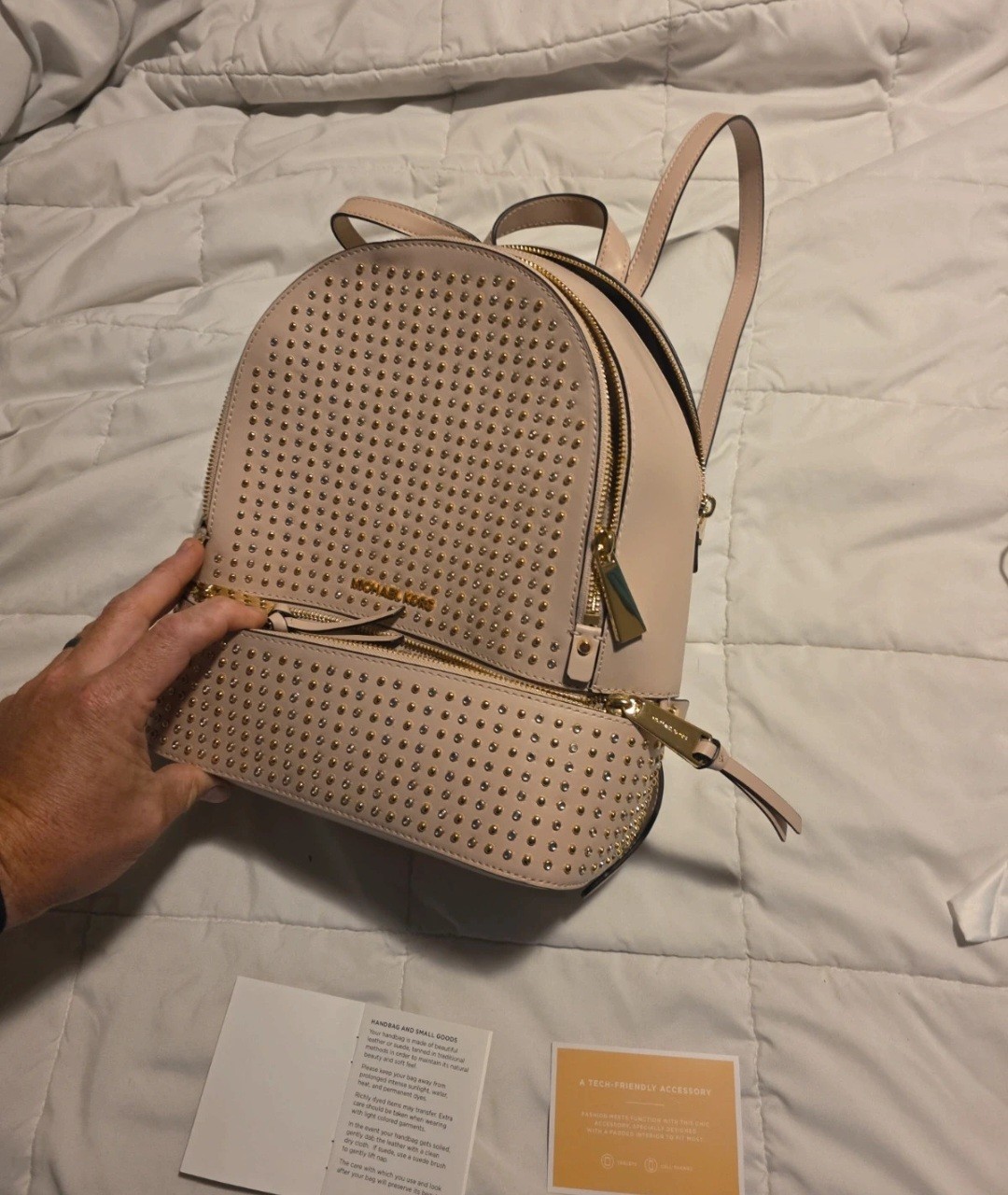 Michael Kors Beige Studded Backpack Purse Zip Closure Gold Hardware Dust Bag