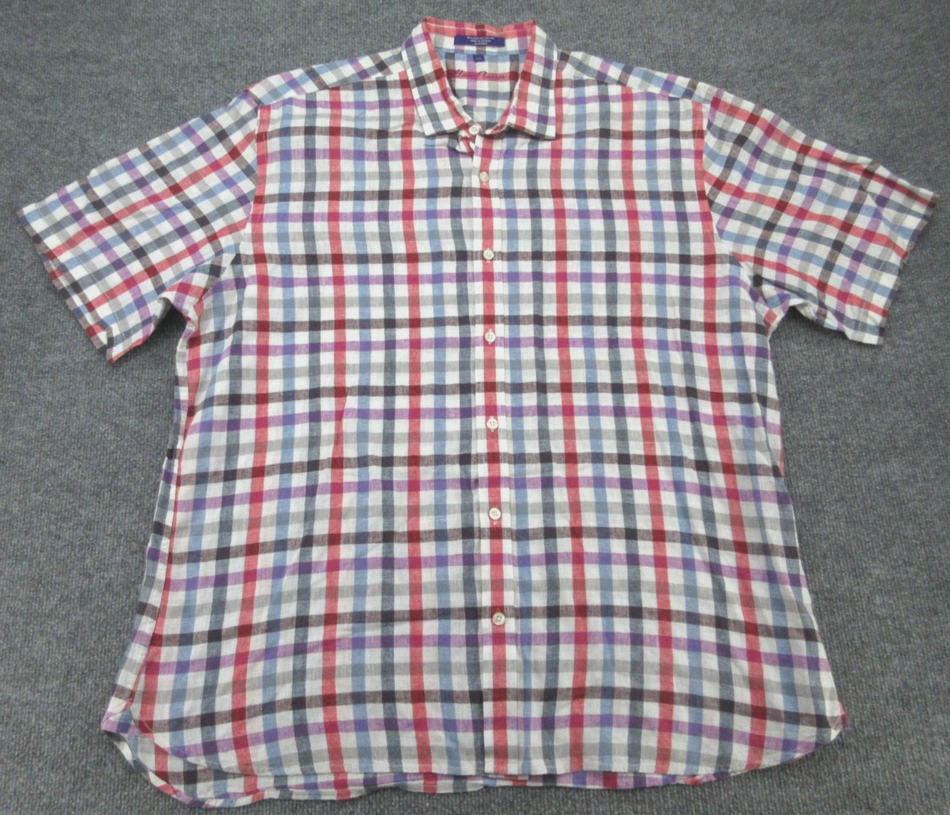 Alan Flusser Shirt Mens 2XL Red Blue Purple Plaid Linen Cotton Short Sleeve XXL