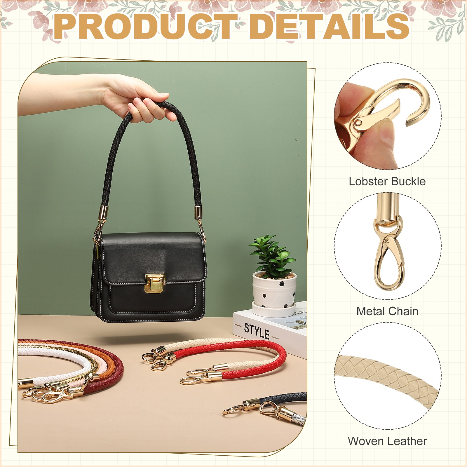 2 Pcs Braided Purse Strap, 21.6 Inch for Handbag Tote Making (Apricot Beige)