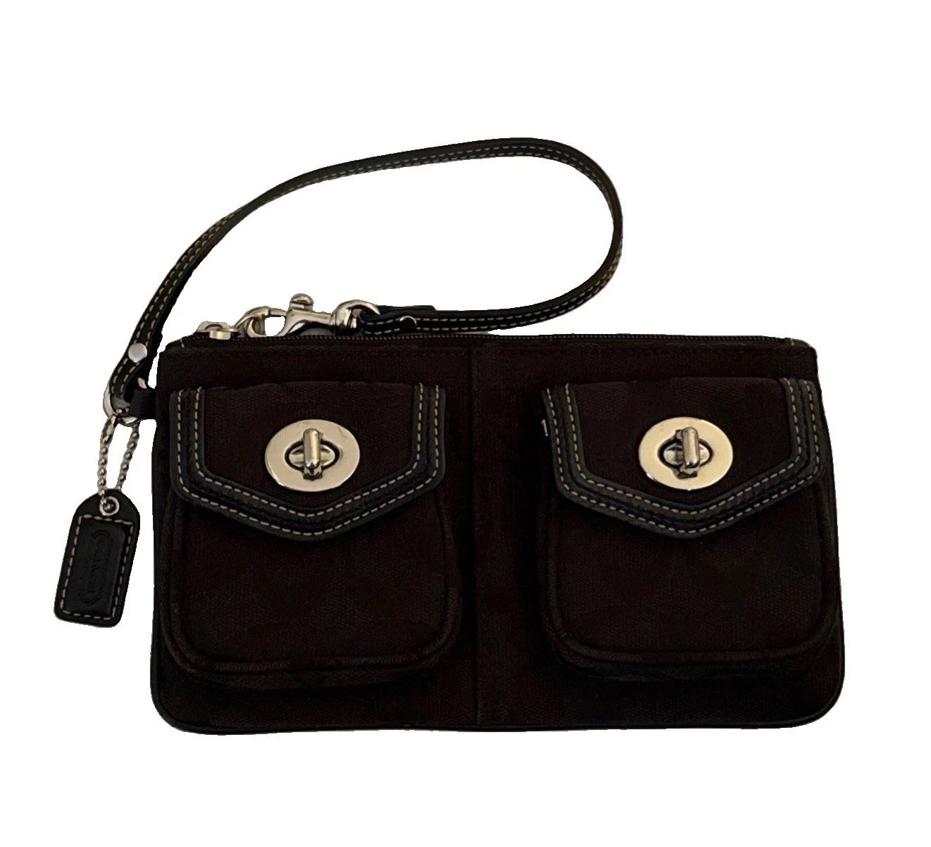 Coach Signature Wristlet Gallery Black Jacquard Trim Double Turnlock Pockets Y2K