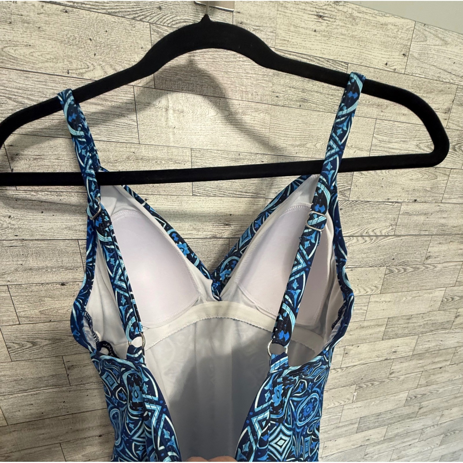 Jantzen Womens Blue Geometric Ruched One Piece Swimsuit Surplice V-Neck Large
