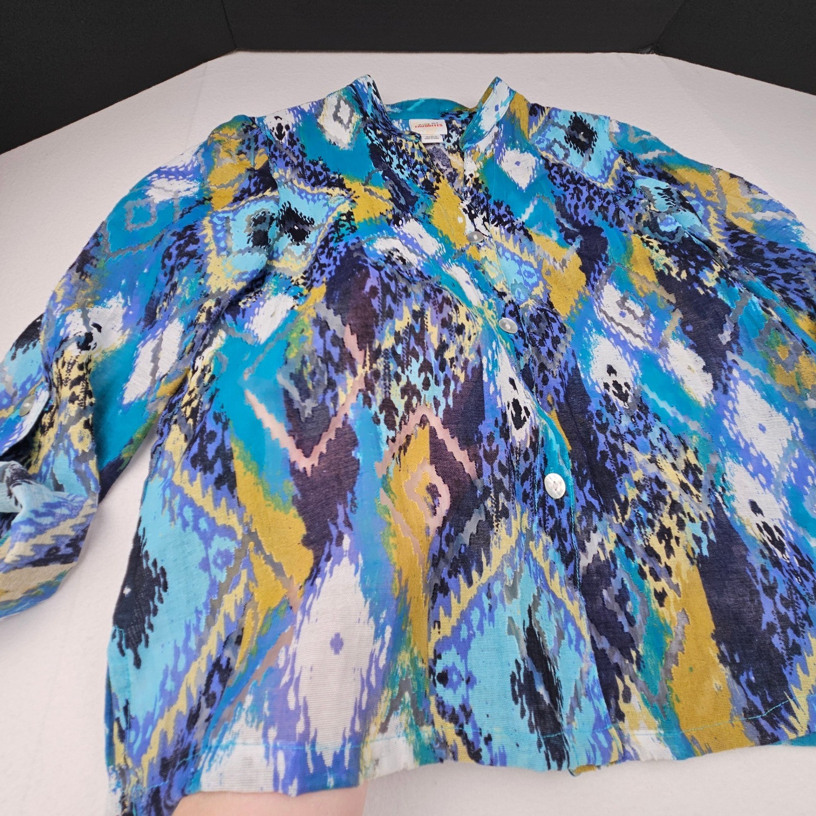 Ruby Rd Favorites Womens 12 Blue Yellow Ikat Geometric Boho Artsy Blouse Top